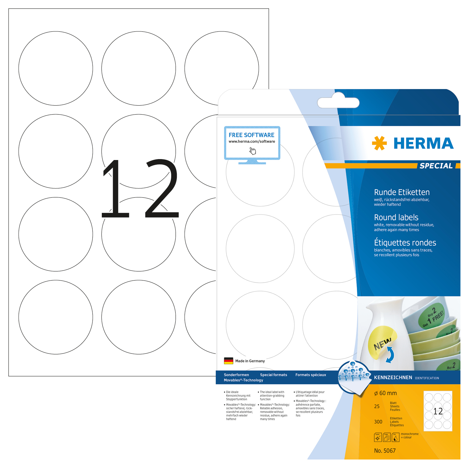 HERMA Étiquettes rondes 60mm 5067 blanc 300 pcs./25 flls.