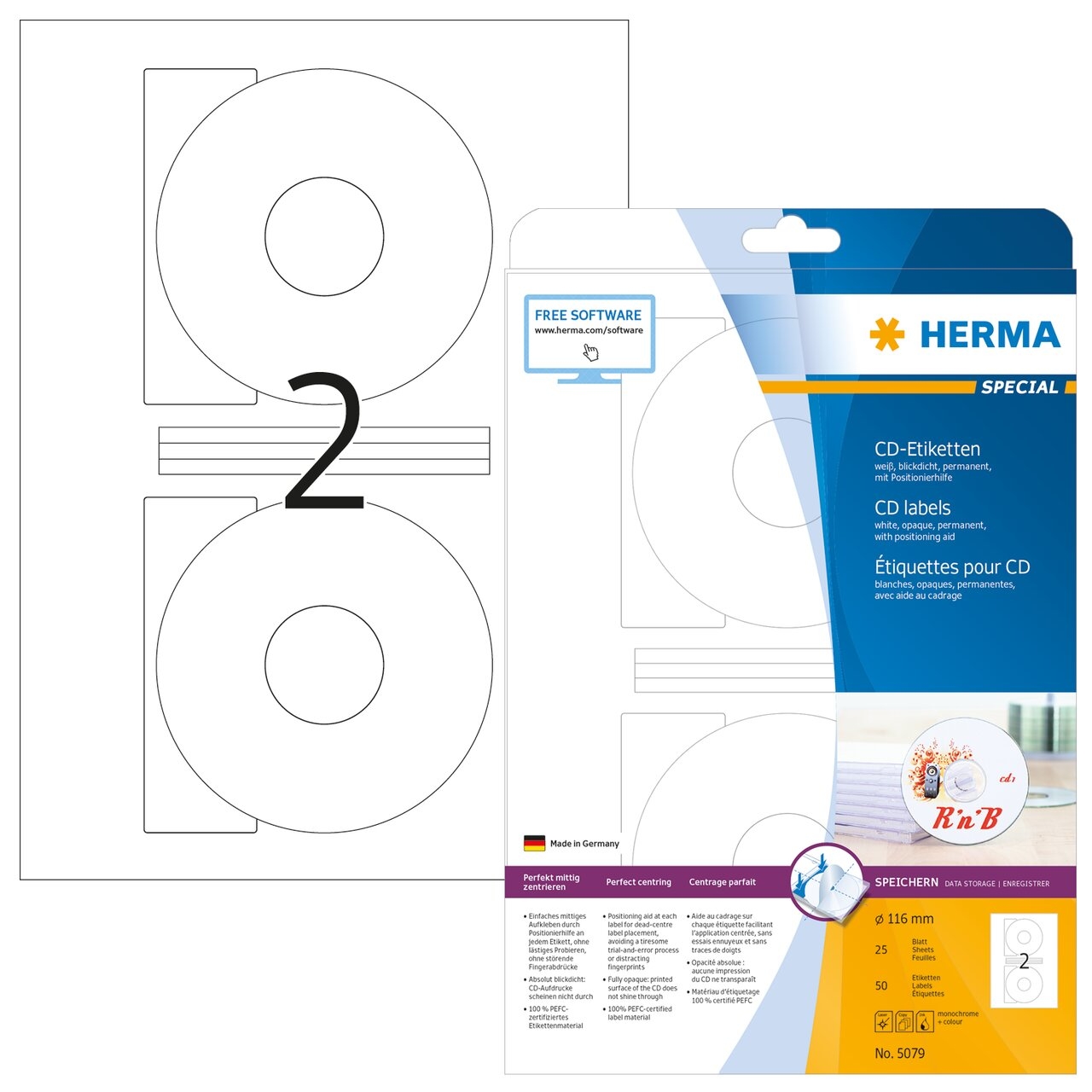 HERMA Étiquettes de CD 116mm 5079 blanc 50 pcs./25 flls.