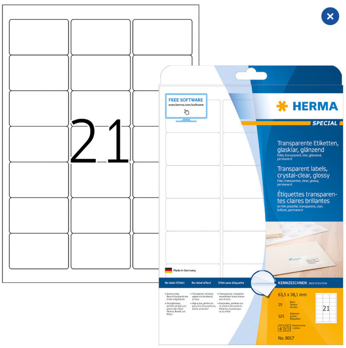 HERMA Étiquettes PP 63,5x38,1mm 8017 transparent 525 pcs./25 flls.