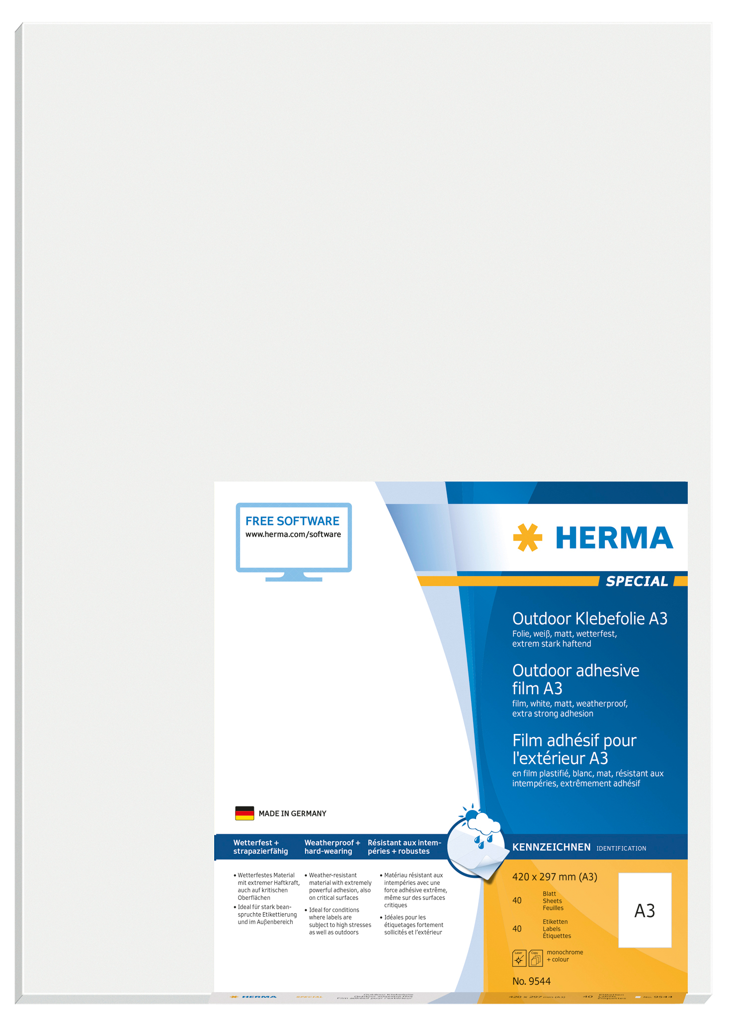 HERMA Etiquettes film 297x420mm 9544 blanc,PP mat 40 pcs./40 flls.