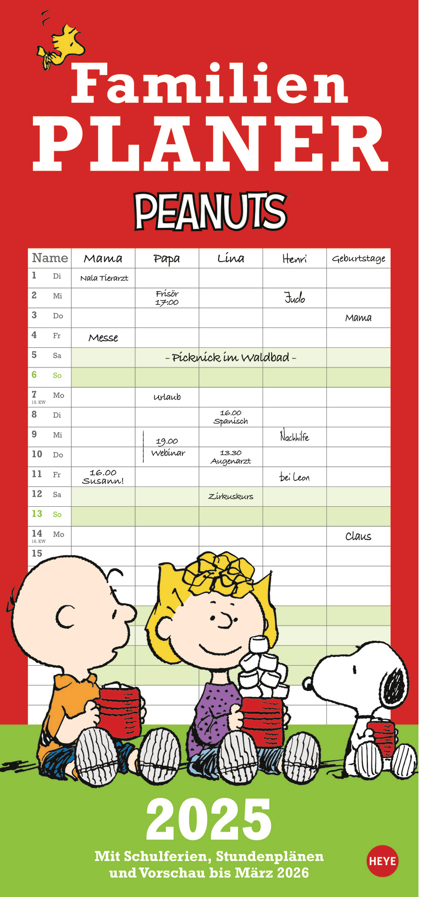 photo HEYE Planificateur Peanuts 2026 1589+26 1M/1P AL 5 colonnes 21x45cm