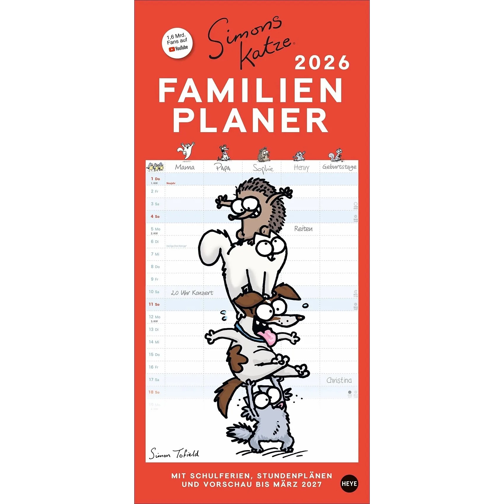 photo HEYE Calendrier familial 2026 23015+26 Simons Katze DE 21x45cm