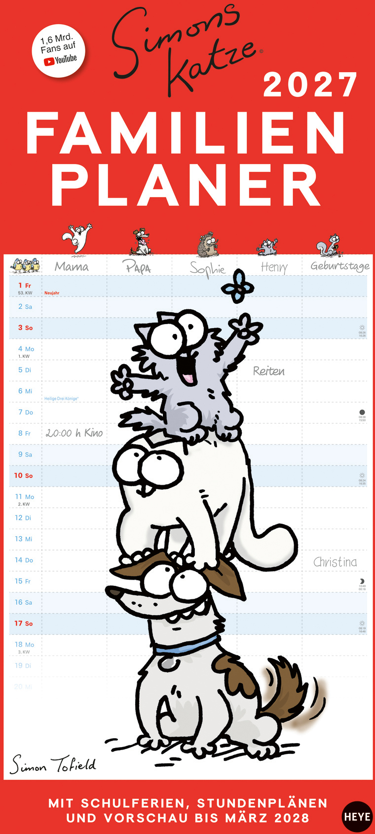 photo HEYE Calendrier familial 2027 23015+27 Simons Katze DE 21x45cm
