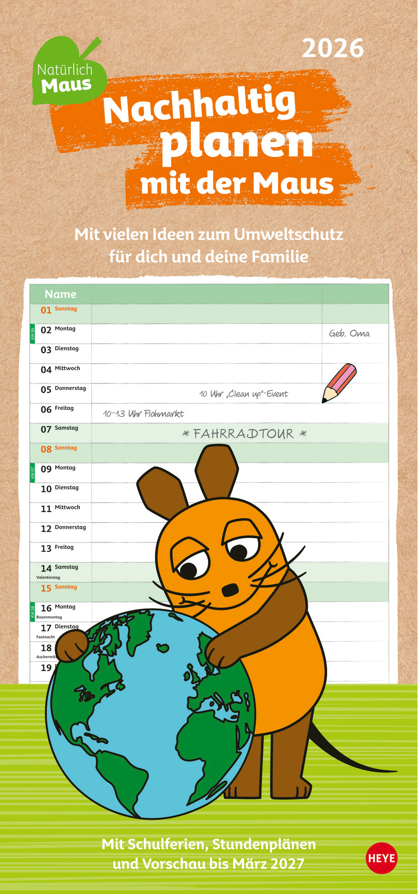 photo HEYE Calendrier familial 2026 23645+26 Nachhaltig Planen Maus 21x45cm
