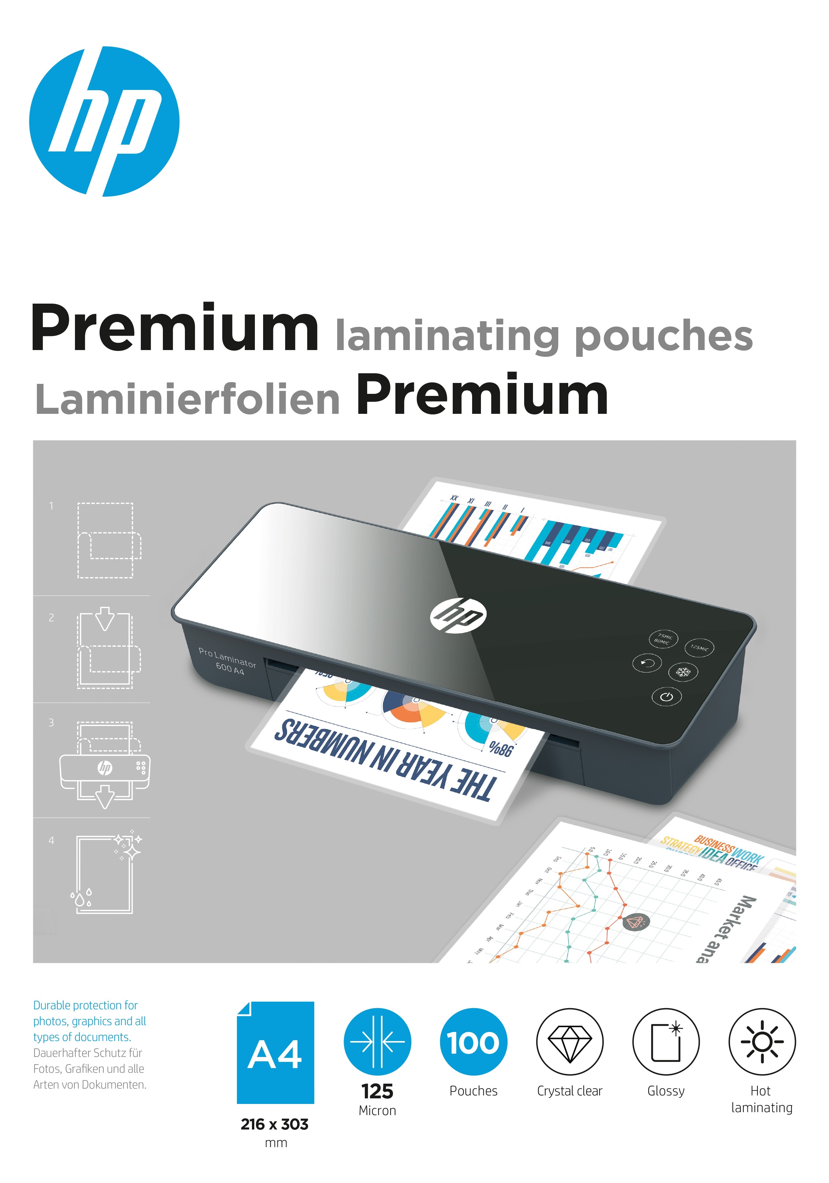 HP Pochettes plastific. 9124 Premium, A4, 125 Mic Premium, A4, 125 Mic