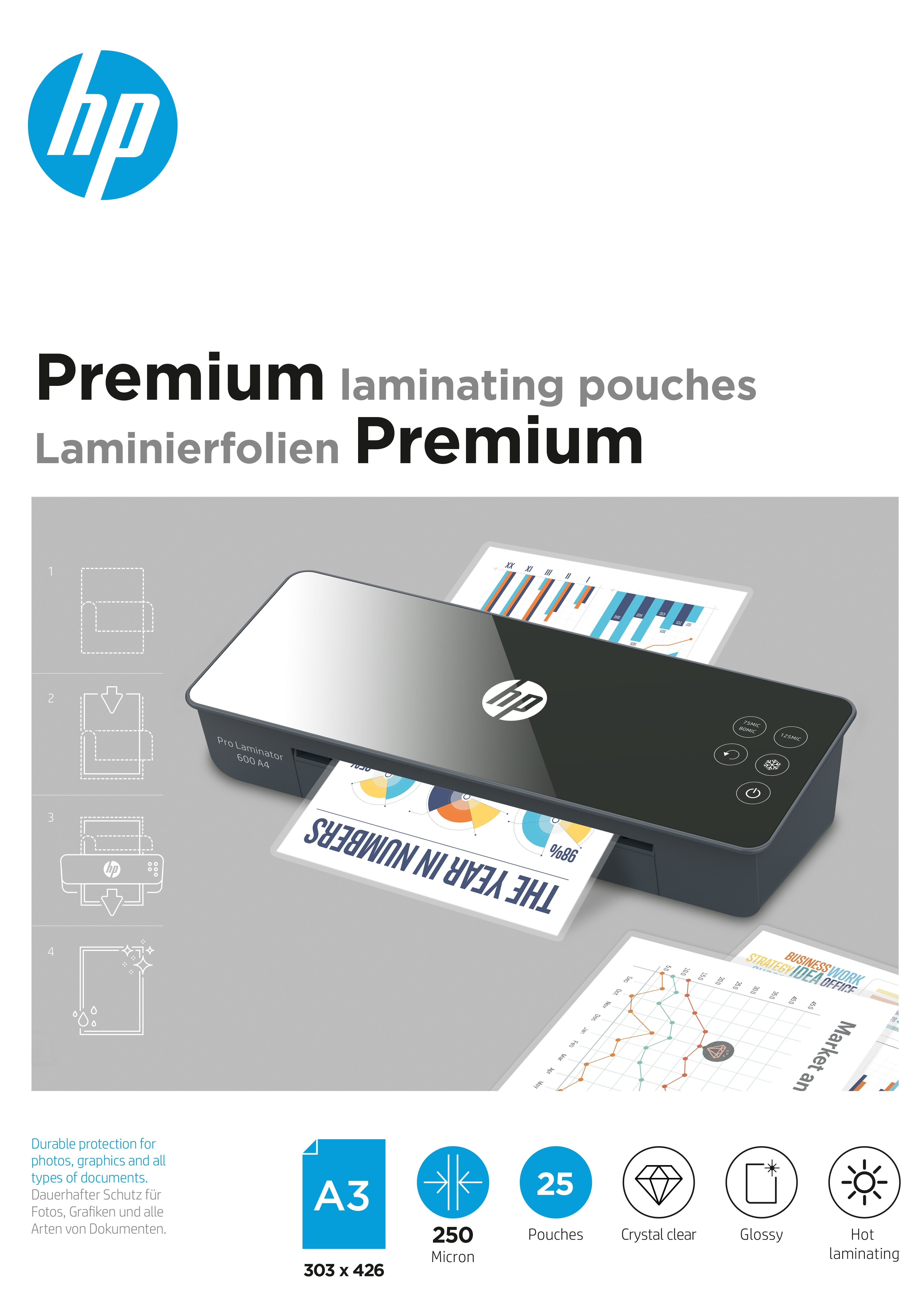 HP Pochettes plastific. 9128 Premium, A3, 250 Mic