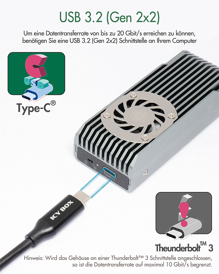 ICY BOX Ext. Gehäuse M.2 USB 3.2 G2 IB-1922MF-C32 NVMe, 30mm Lüfter