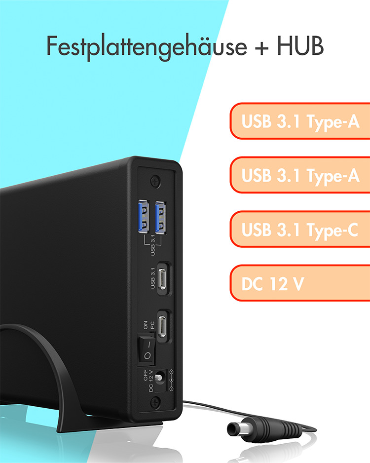 ICY BOX Ext. Gehäuse 2,5'' o. 3,5'' IB-382H-C31 USB 3.2 G2 integrierter Hub