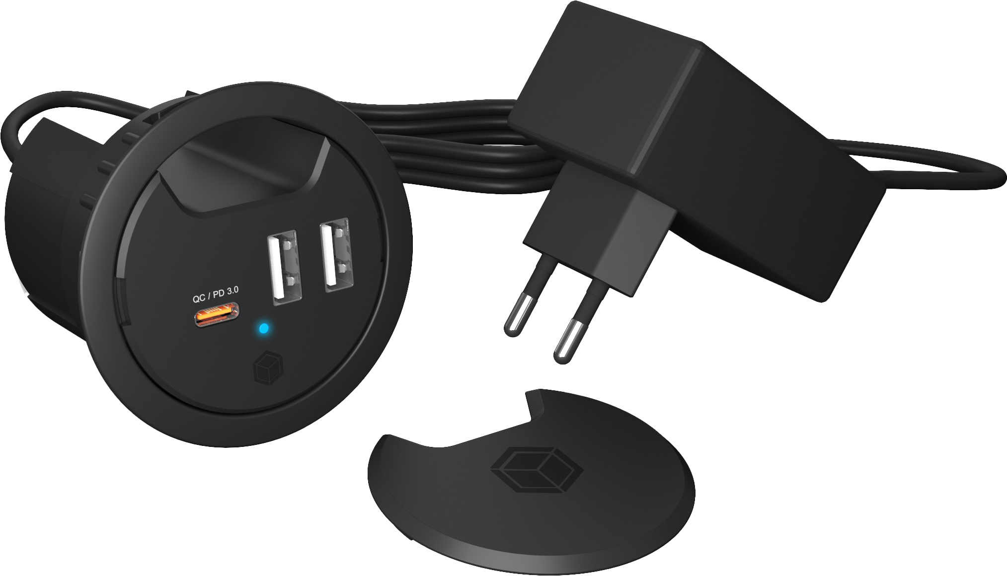 photo ICY BOX In-Desk USB Hub 60 mm black IB-HUB1407 2x USB-A 10W PD 3.0 & QC 3.0