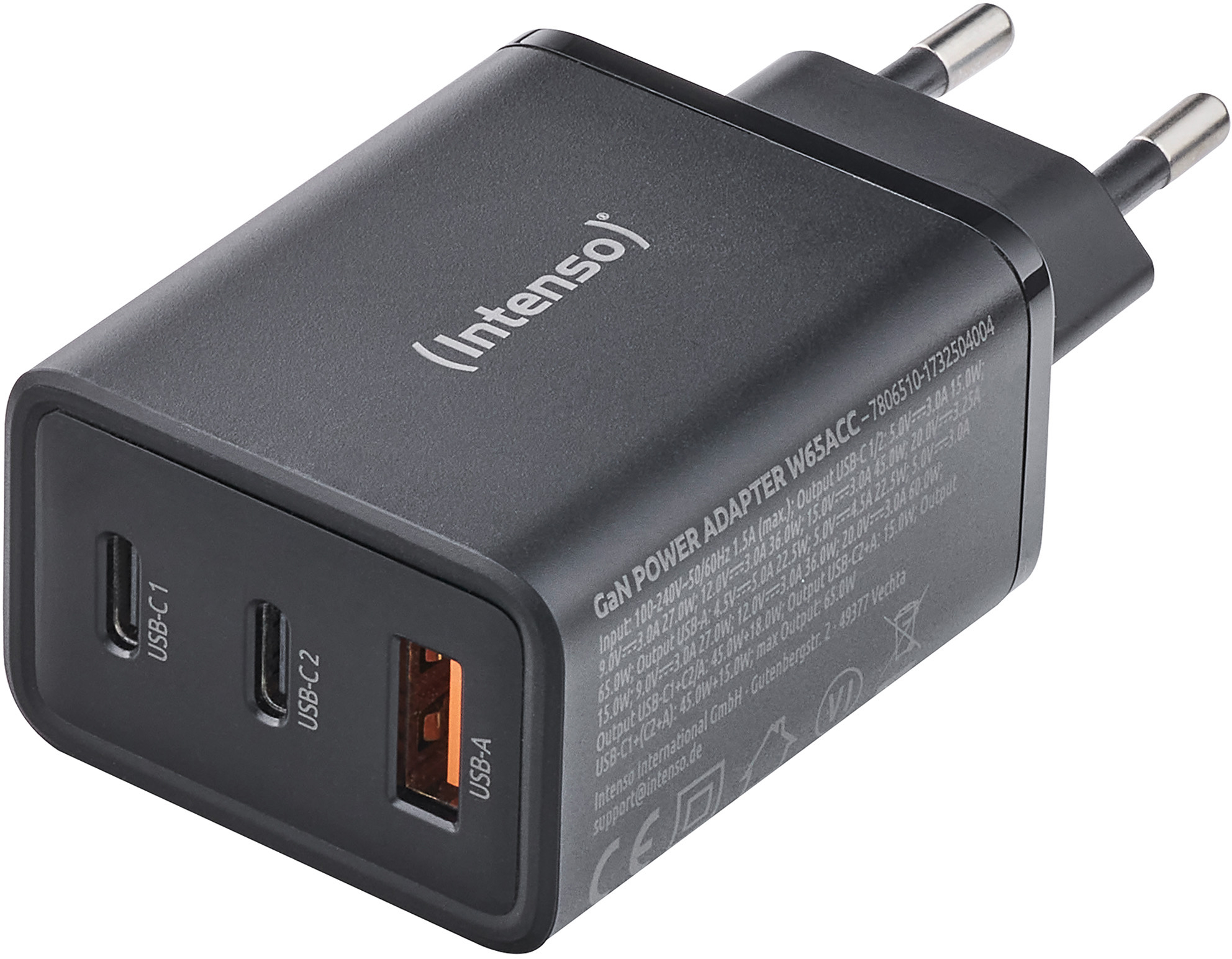 photo INTENSO Power Charger 65W GaN black 7806510 65W, 2 x USB-C 1 x USB-A