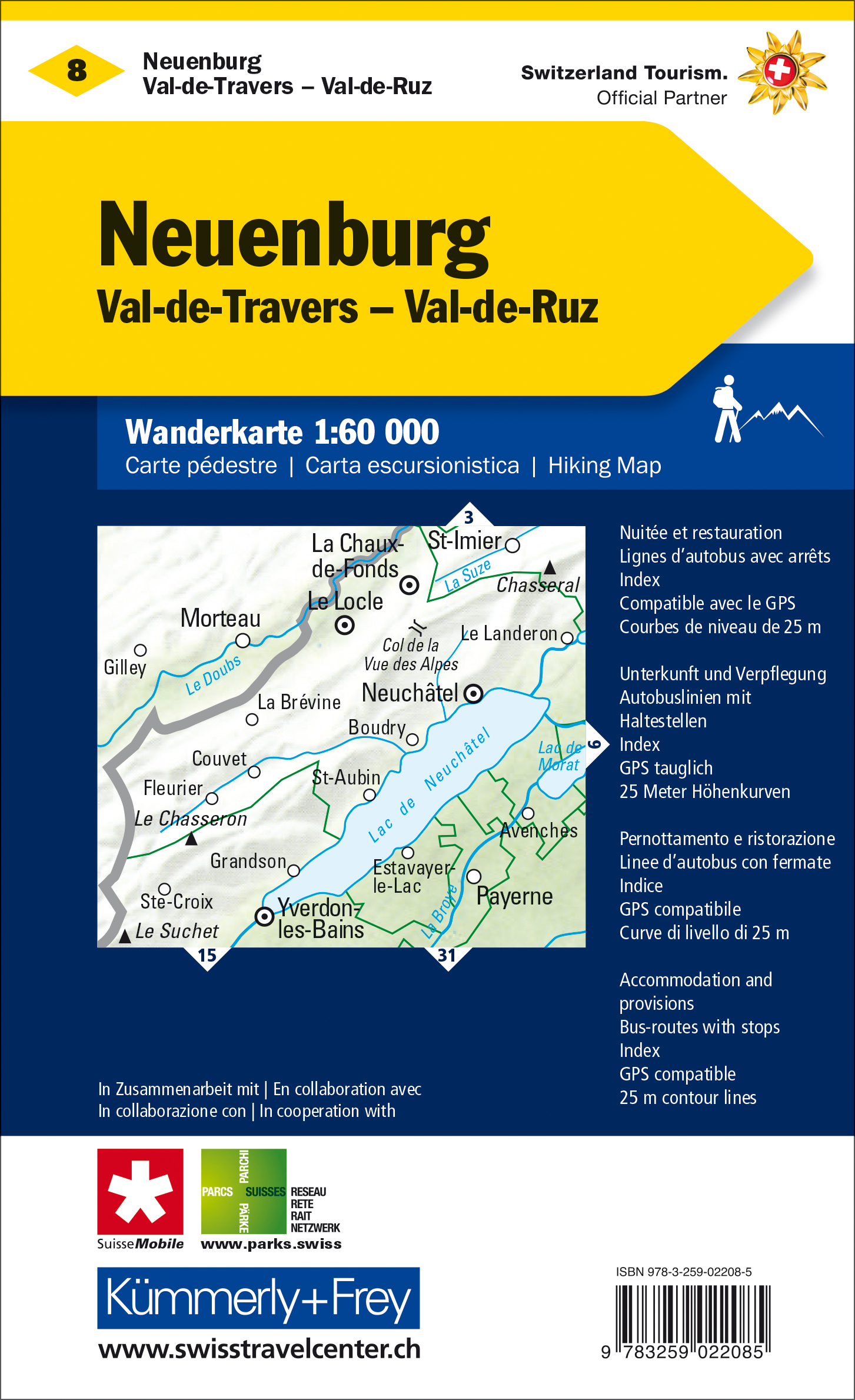 KÜMMERLY+FREY Carte des randonnées 1:60'000 325902208 Neuenburg-Val de Travers/Ruz