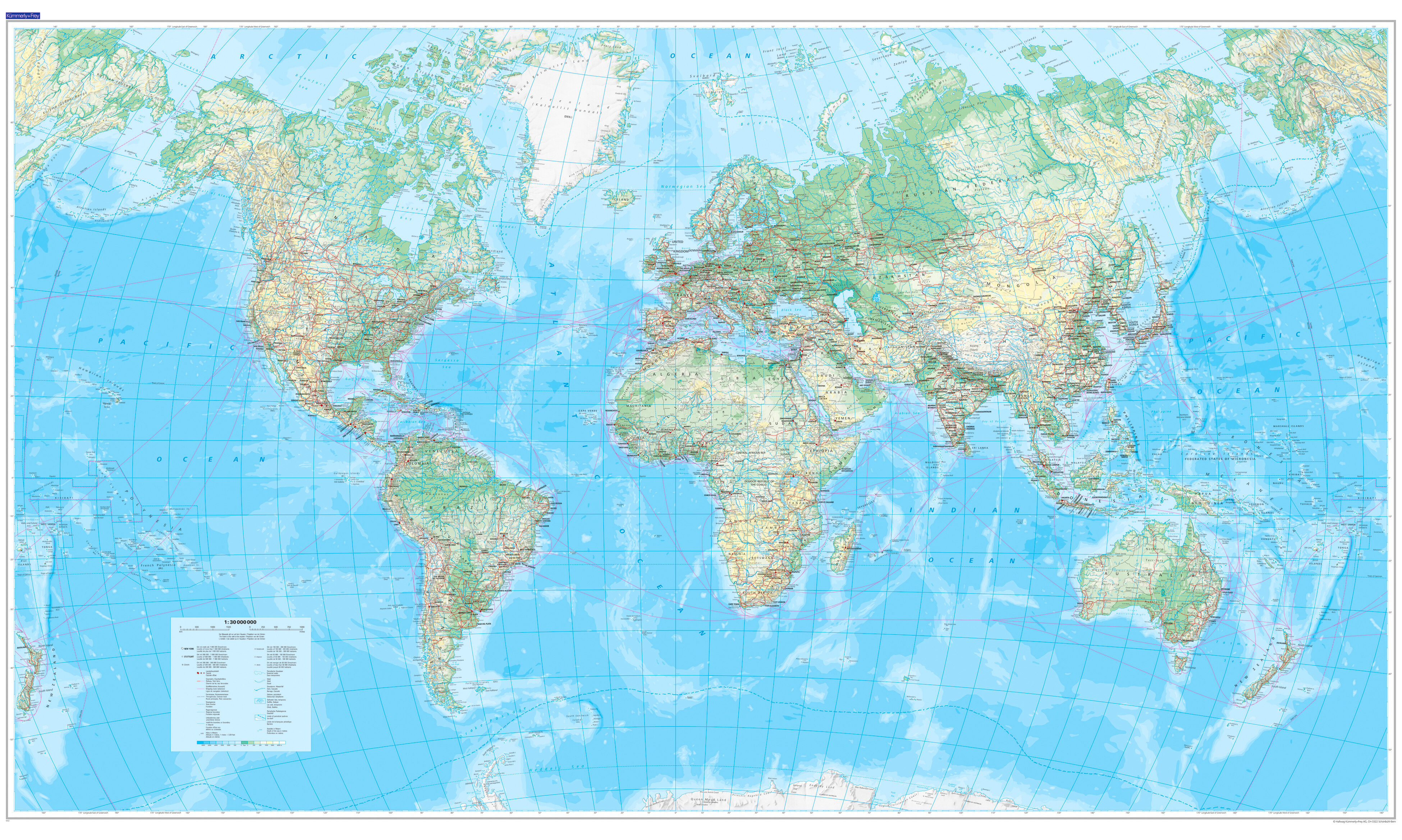 photo KÜMMERLY+FREY Plano-Mappemonde 138x83cm 978-3-259-30038-1 physique 1:30 Mio.