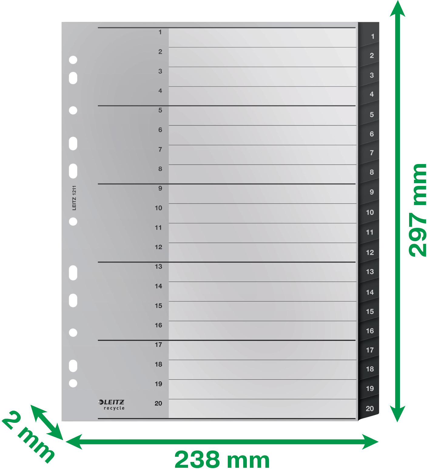 LEITZ Répertoire Recycle PP noir A4+ 1211-00-00 Numéros 1-20