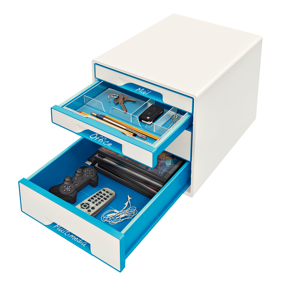 LEITZ Set tiroirs WOW Cube A4 52132036 blanc/bleu, 4 tiroirs