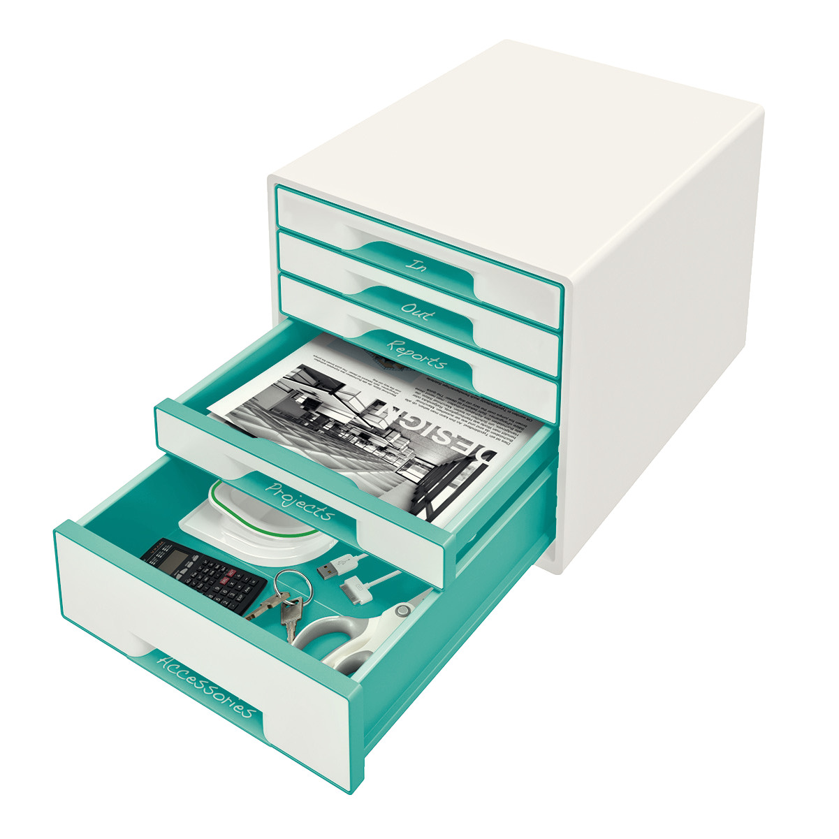 LEITZ Set tiroirs WOW Cube A4 52142051 blanc/menthe, 5 tiroirs