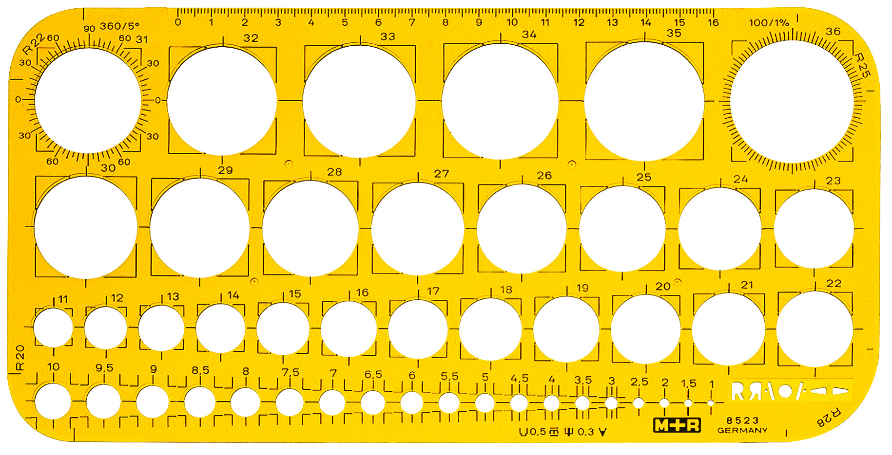 M+R Lochkreisschablone 1-36mm 785230670 gelb-transparent