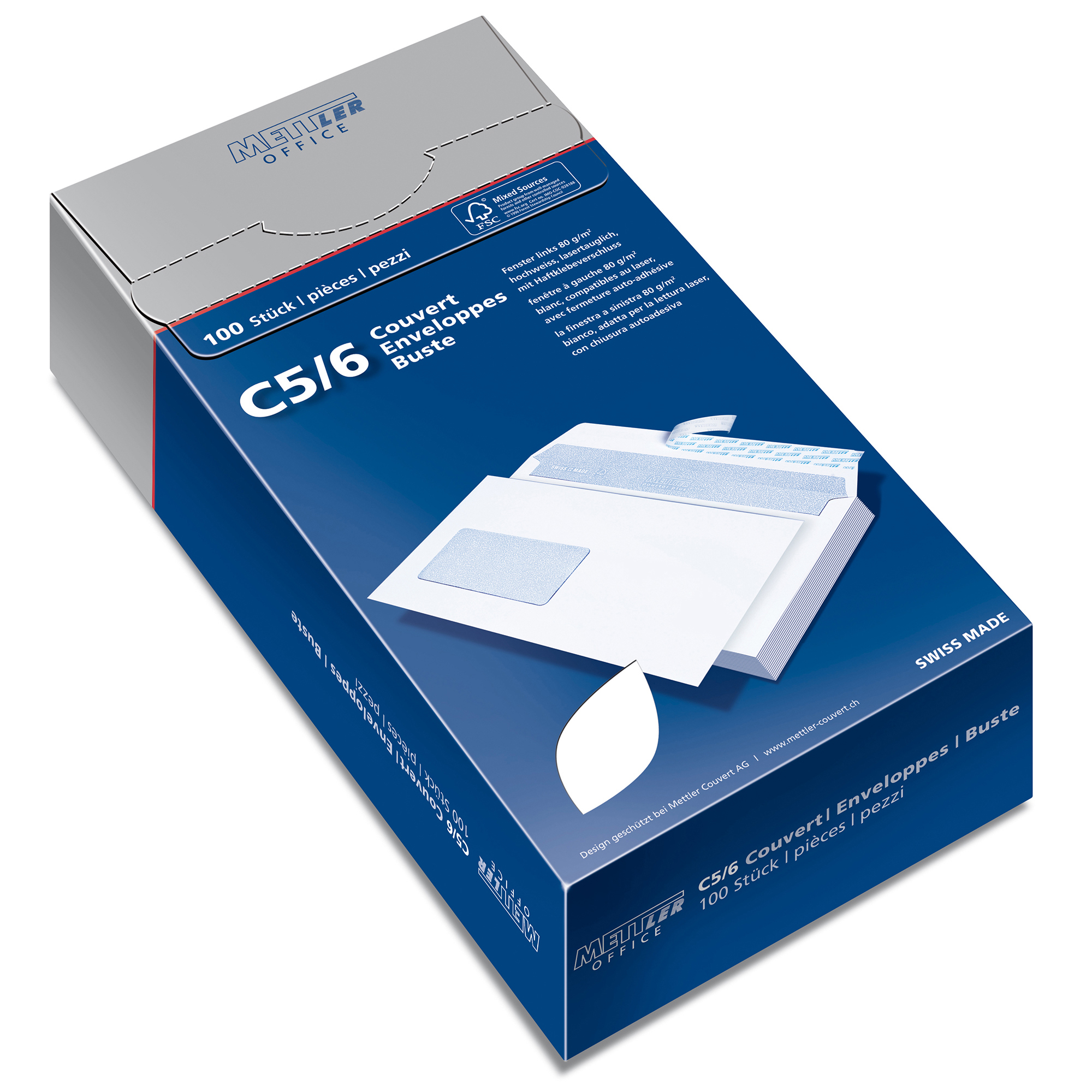 METTLER Envelope fenêtre gauche C5/6 7065-80-S100 80g,blanc,colle 100 pcs.