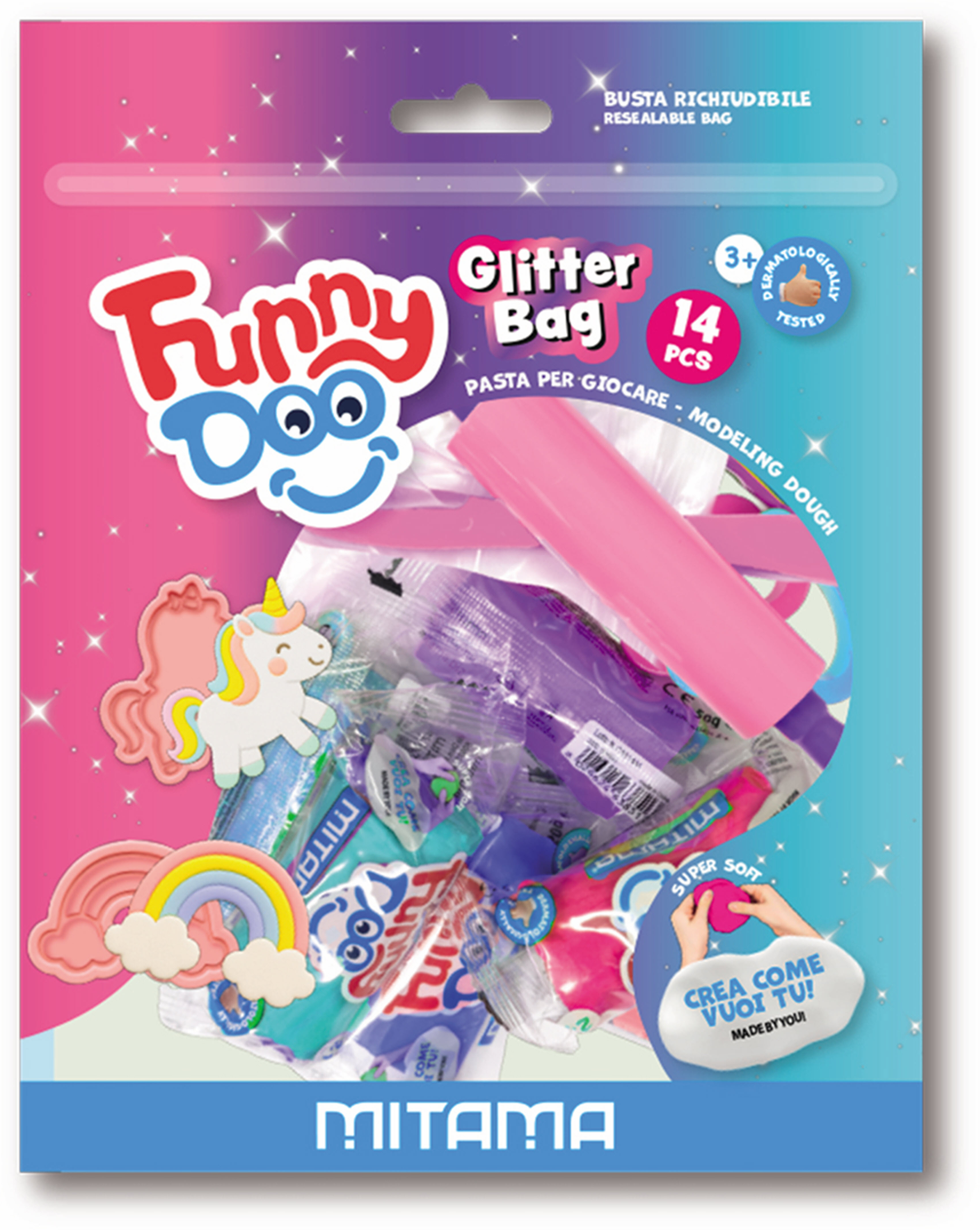 photo MITAMA Set de modelage Funny Doo 350g 3910074 Glitter Bag, 14 pièces