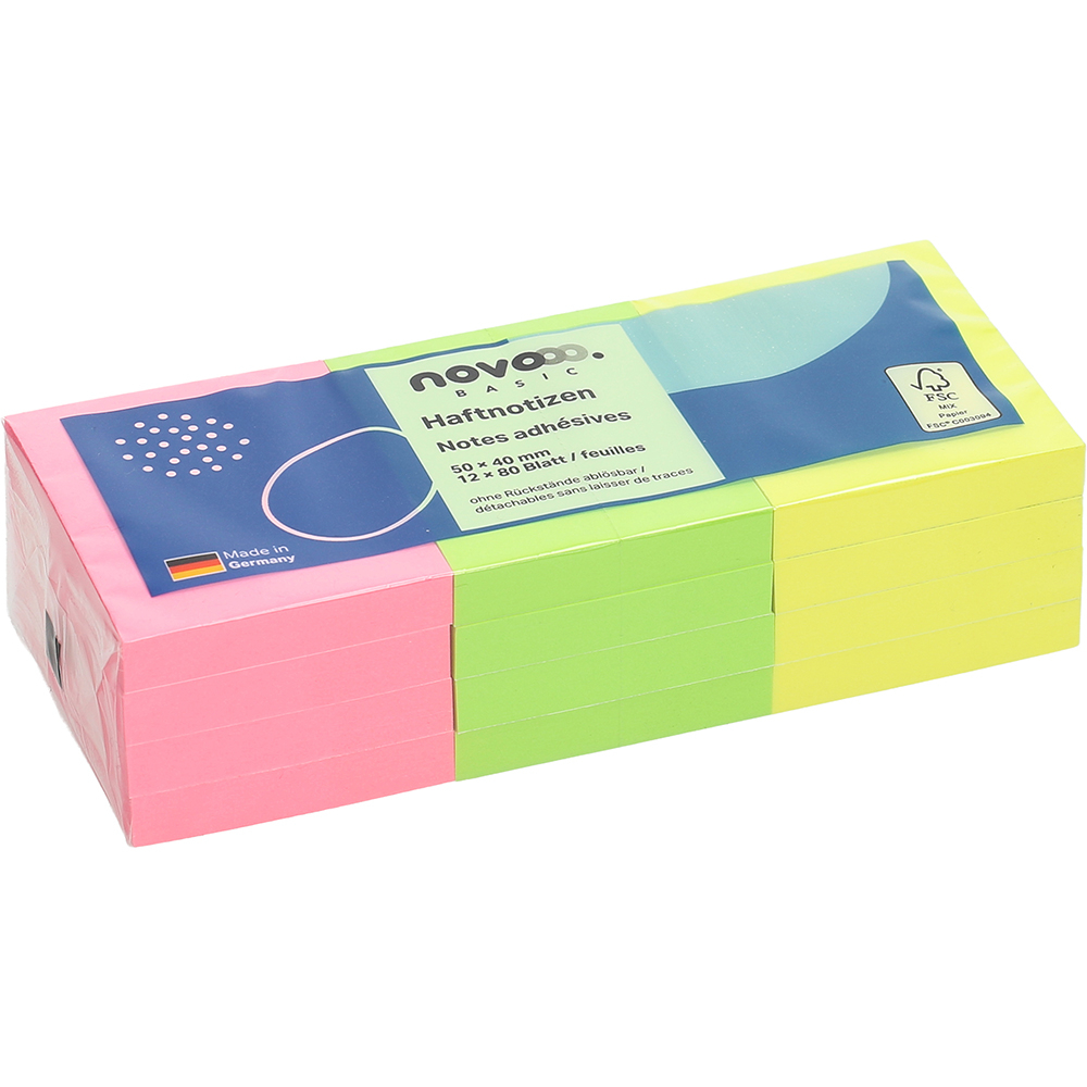 photo NOVOOO Bloc-notes 50x40mm 5653-39 vert, jaune, rose 12x80 f.