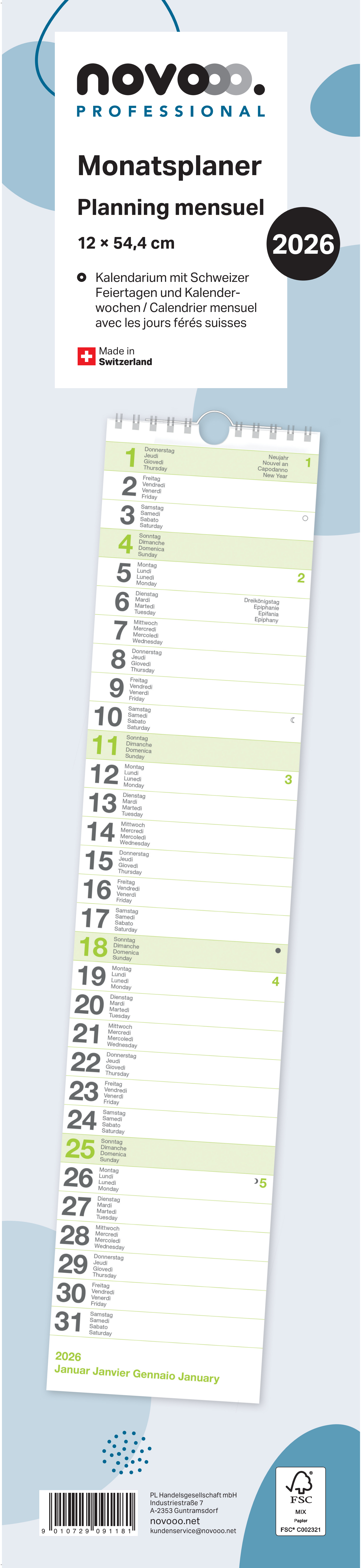 photo NOVOOO Planning mensuel 2026 88901900NO26U D/F/I/E 12x54.4cm