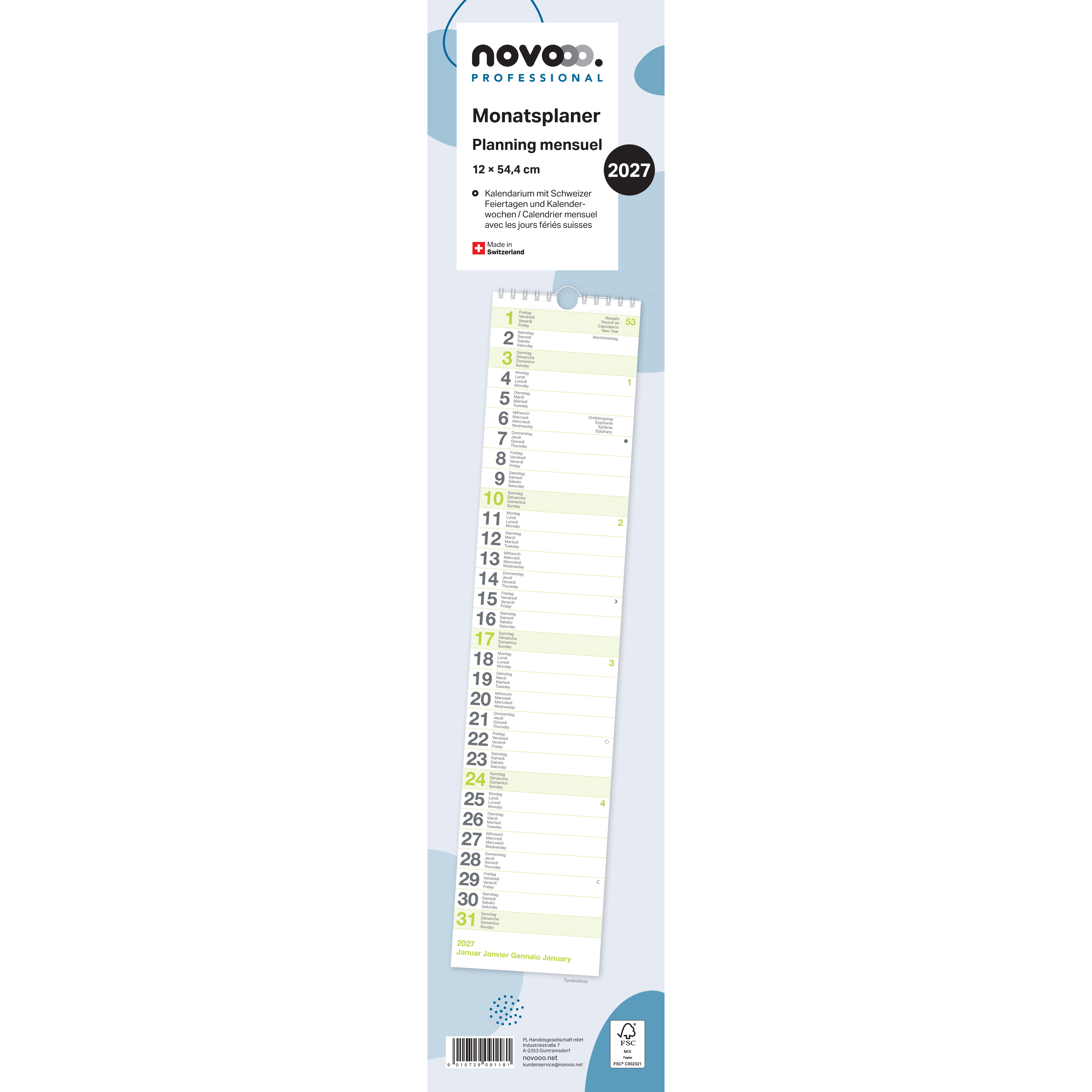 photo NOVOOO Planning mensuel 2027 88901900NO27U D/F/I/E 12x54.4cm