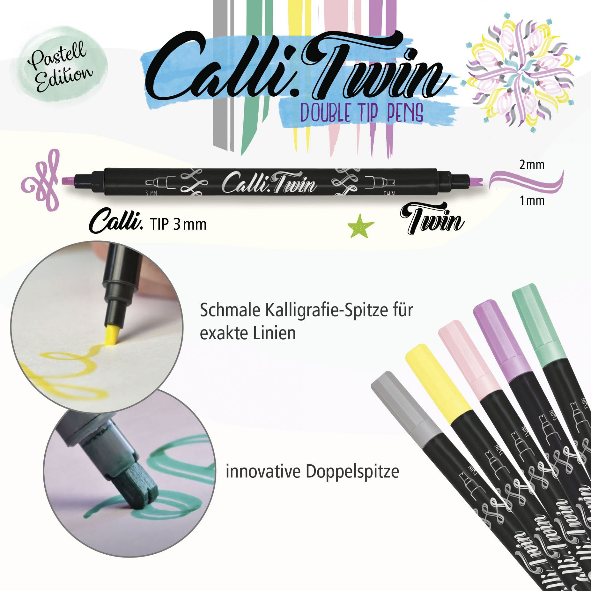 ONLINE Calli Brush Twin 3mm 18608 Pastel, ass. 5 pcs.