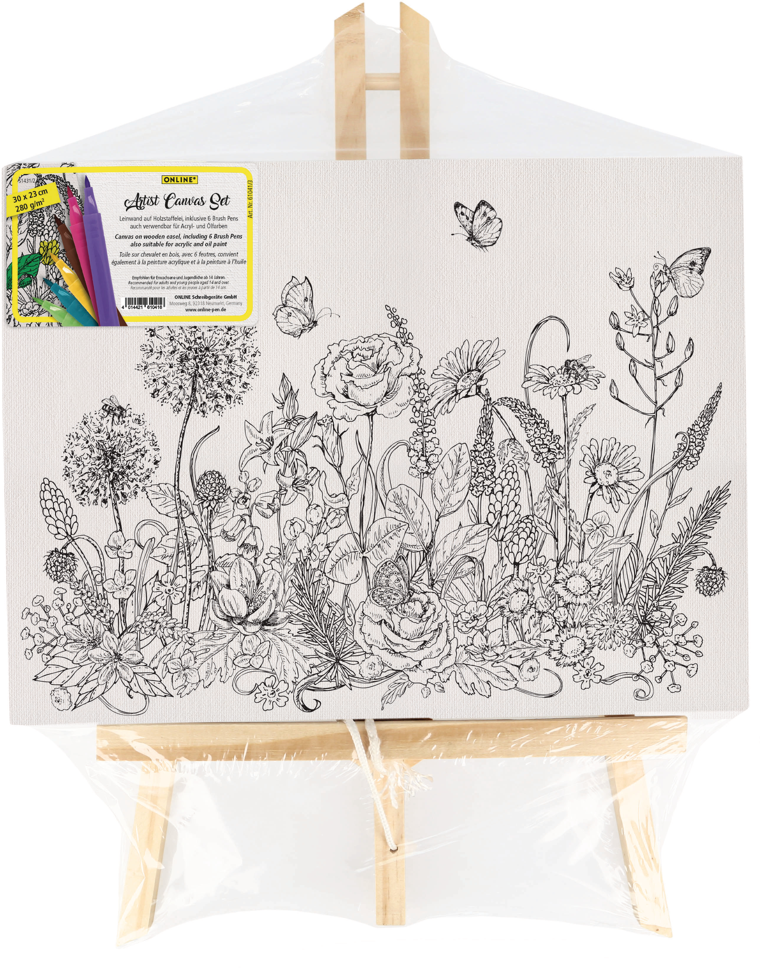 ONLINE Artist Canvas Set Flowers 61041/3 incl. 6 Brushpens 30x23cm