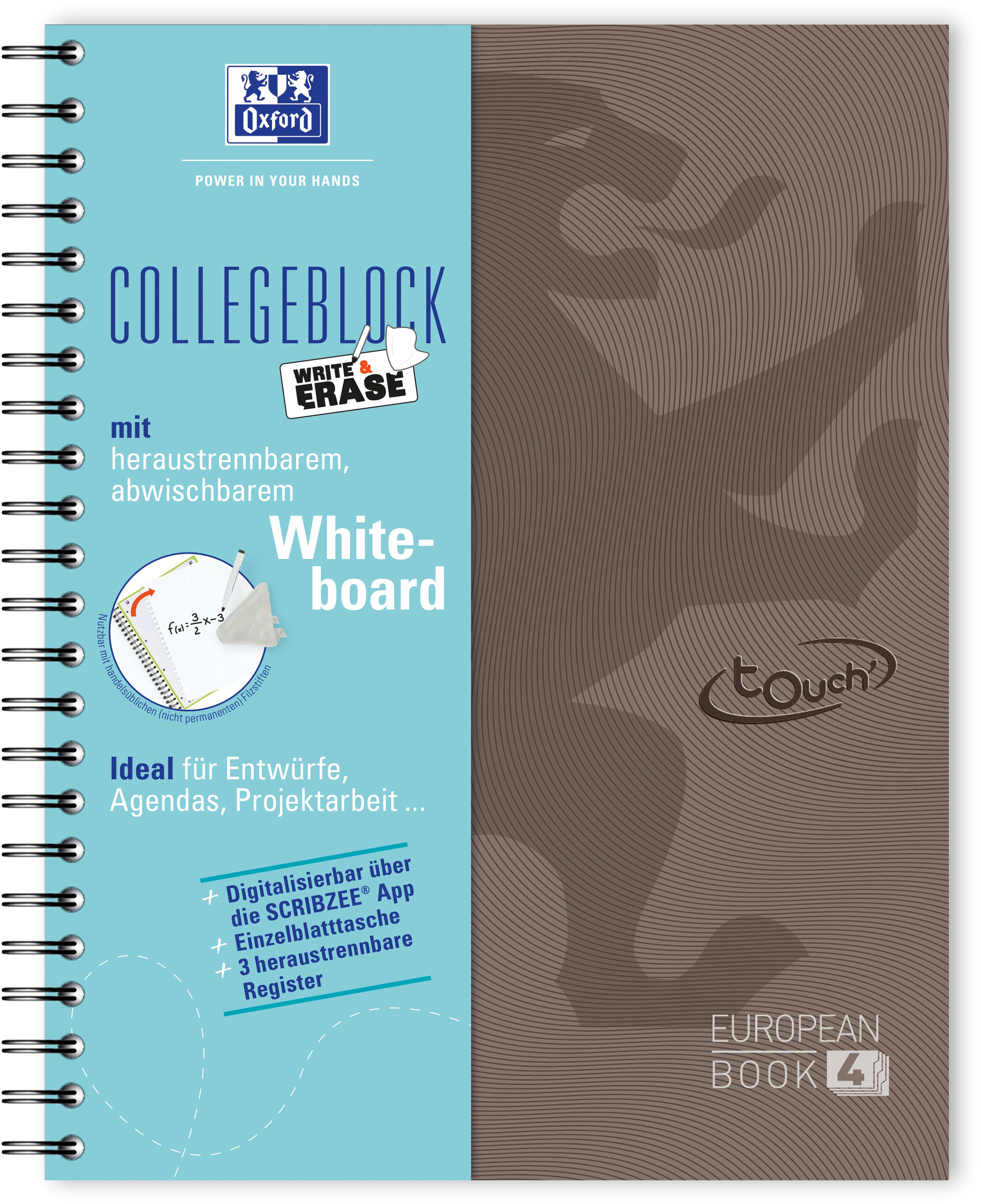 OXFORD European Book, Whiteboard A4+ 400132983 quadrillé, brun 120 flls.