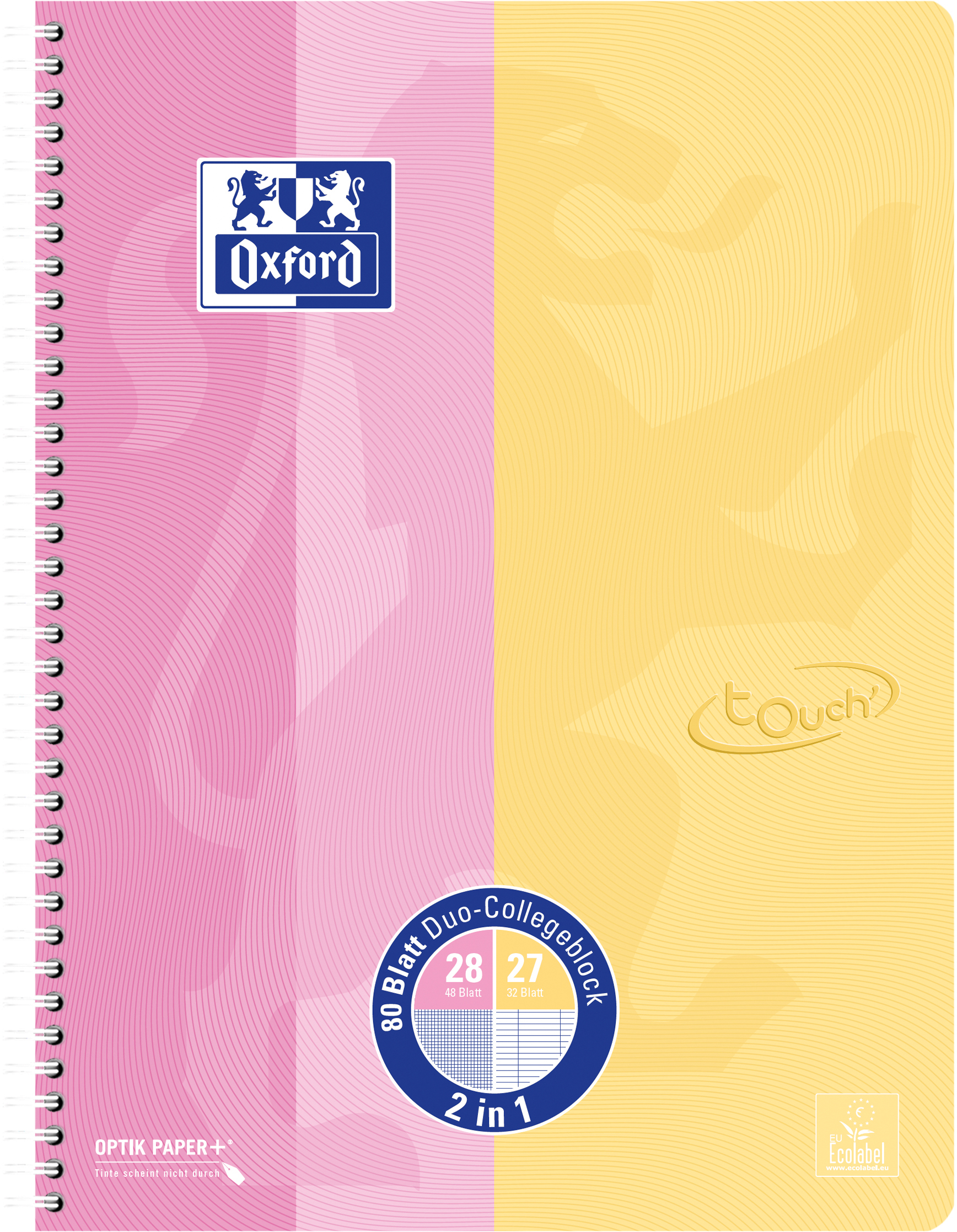 photo OXFORD Cahier à spirale Touch A4+ 400207175 pink/jaune quadrillé/ligné