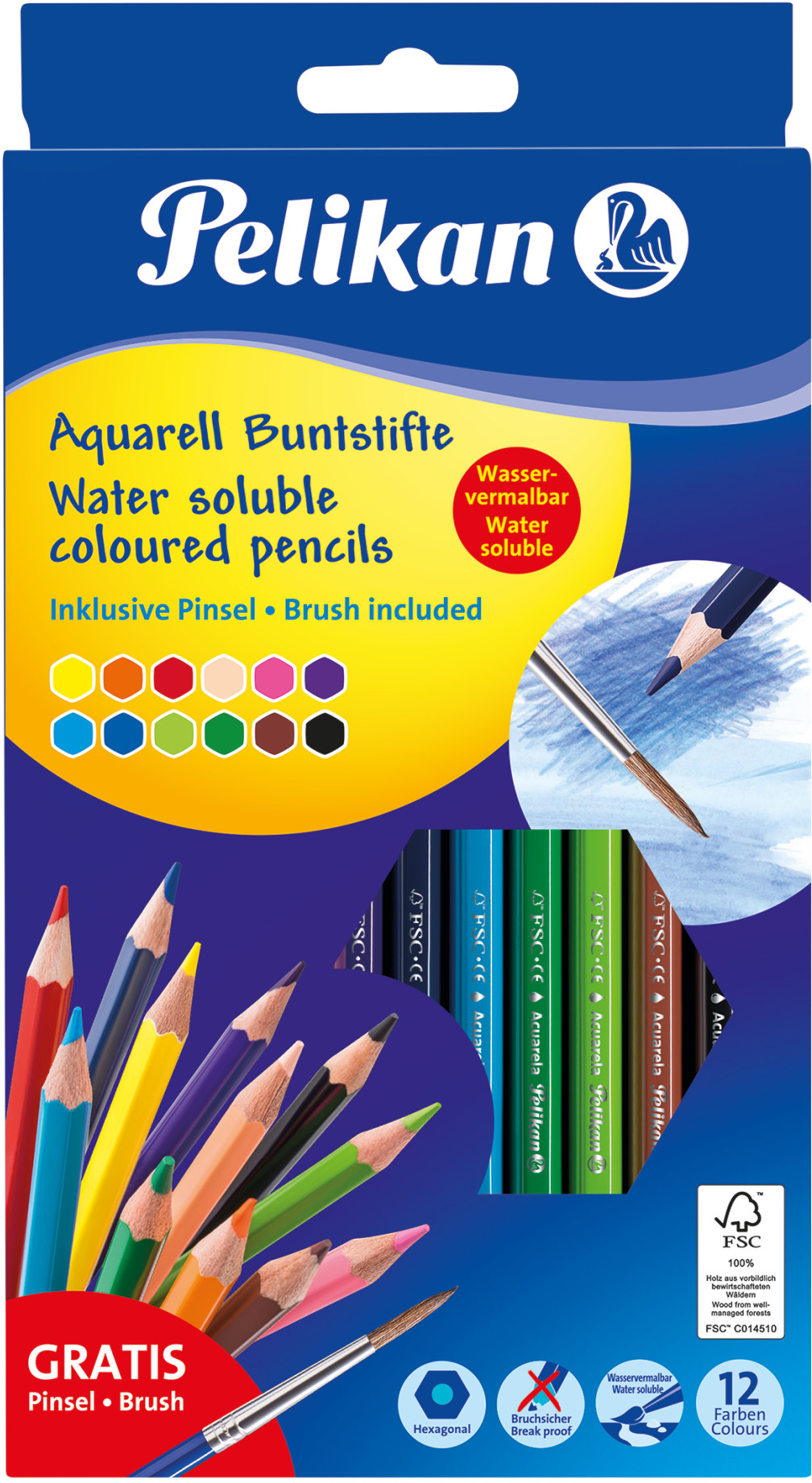 PELIKAN Crayons aquarelle avec brosse 700672 12 couleurs
