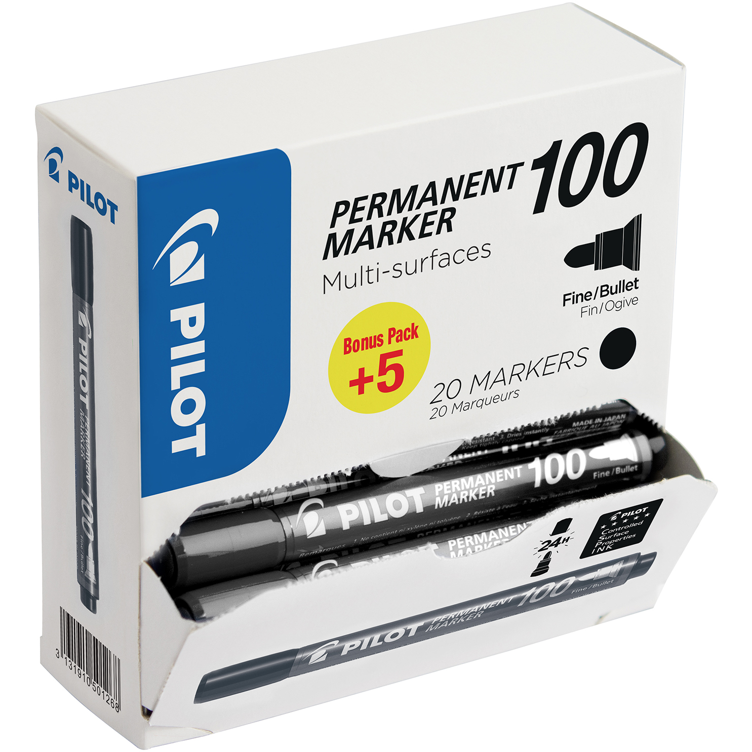 PILOT Permanent Marker 100 1mm 180.022.98 schwarz, Bonuspack 15+5 Stück
