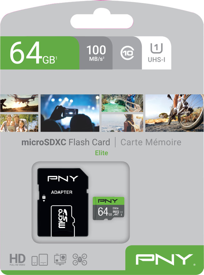 photo PNY micro-SDXC Elite 64GB P-SDUX64U185GW-GE UHS-I U1 & adapter