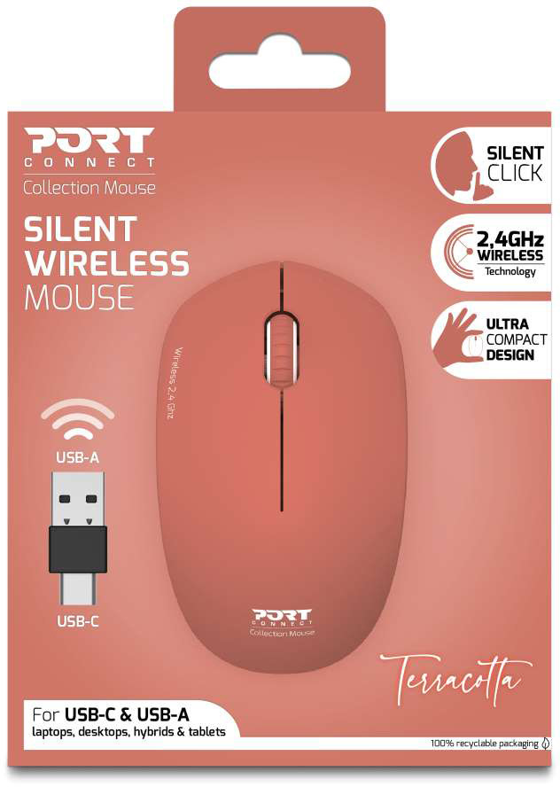 PORT Silent Mouse Wirelless 900542 USB-C/USB-A, Terracotta