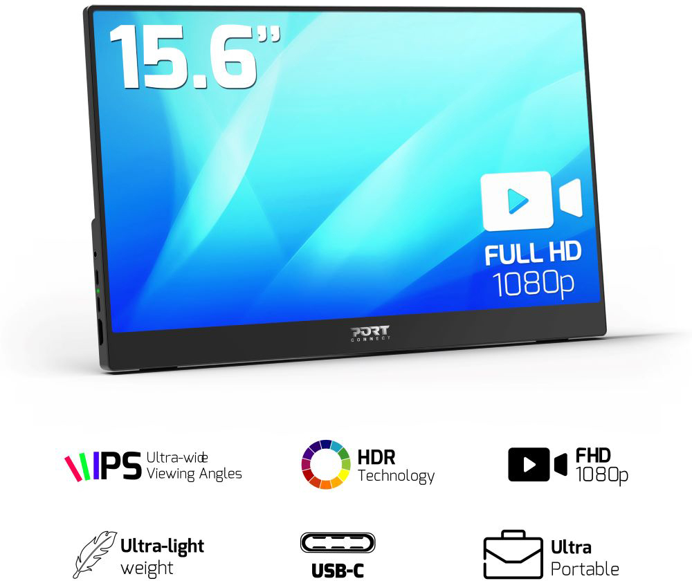 PORT Portable Monitor 15.6, 1080p 902101 Full HD LCD, USB-C, HDMI,