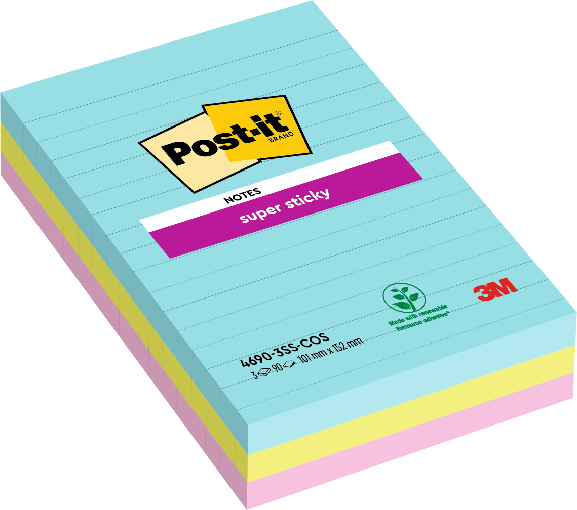 POST-IT Super Sticky Notes 152x101mm 46903SSCO Cosmic 3 couleurs 3x90 flls.