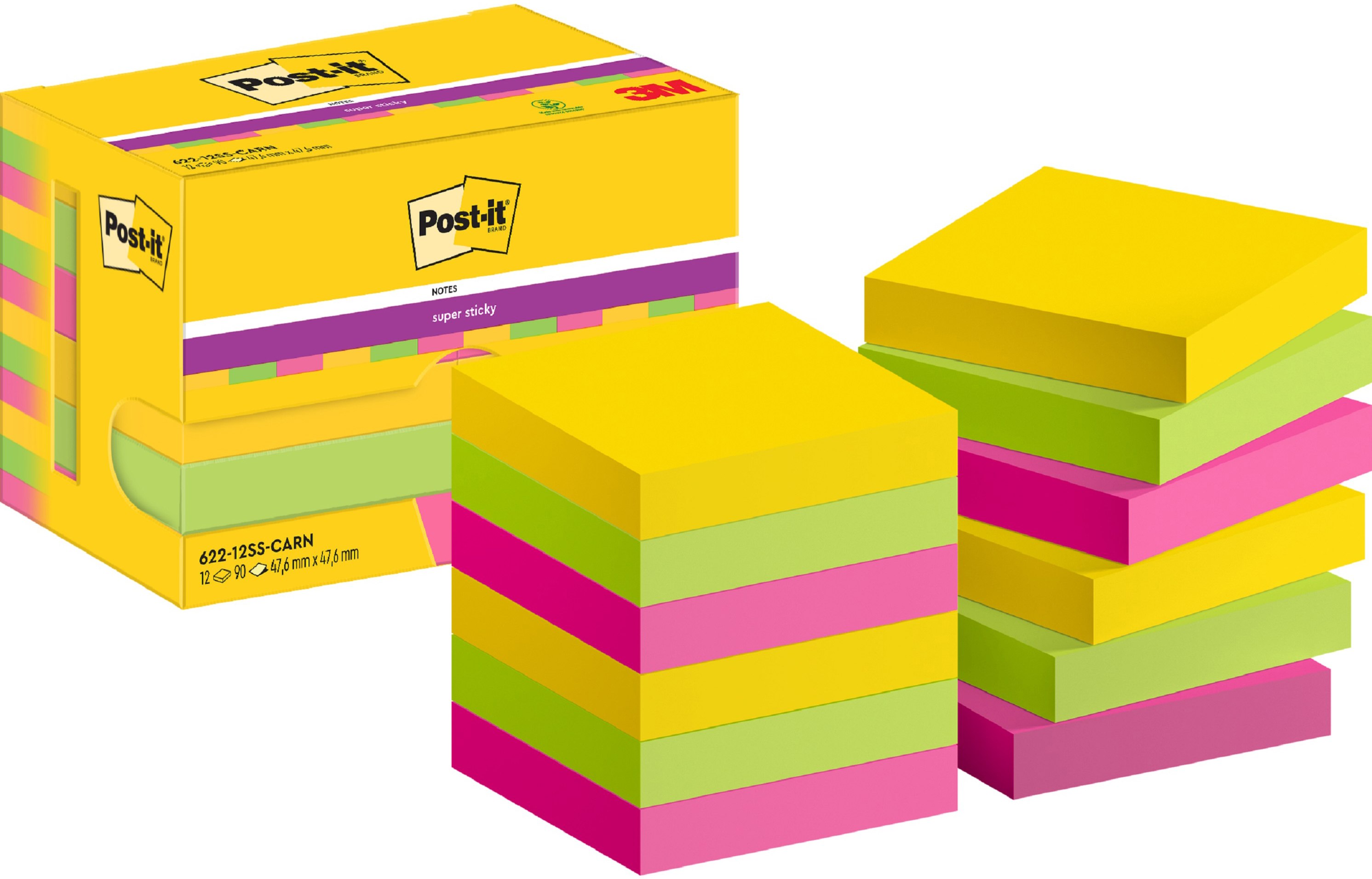 POST-IT Super Sticky Notes 47.6x47.6mm 622-12SS-CAR 3-couleurs 12x90 feuilles