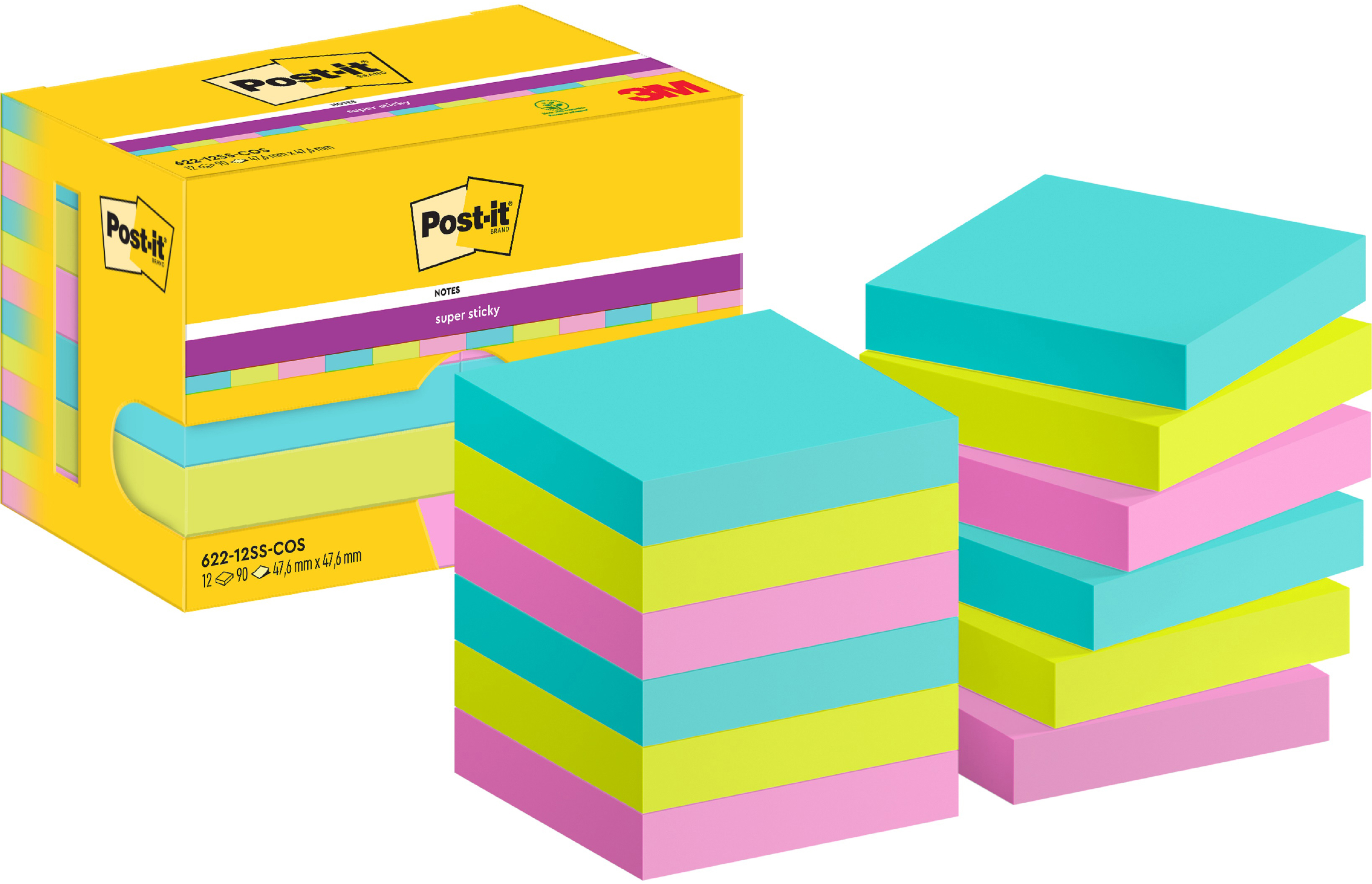 POST-IT Super Sticky Notes 47.6x47.6mm 622-12SS-COS 3-couleurs 12x90 feuilles