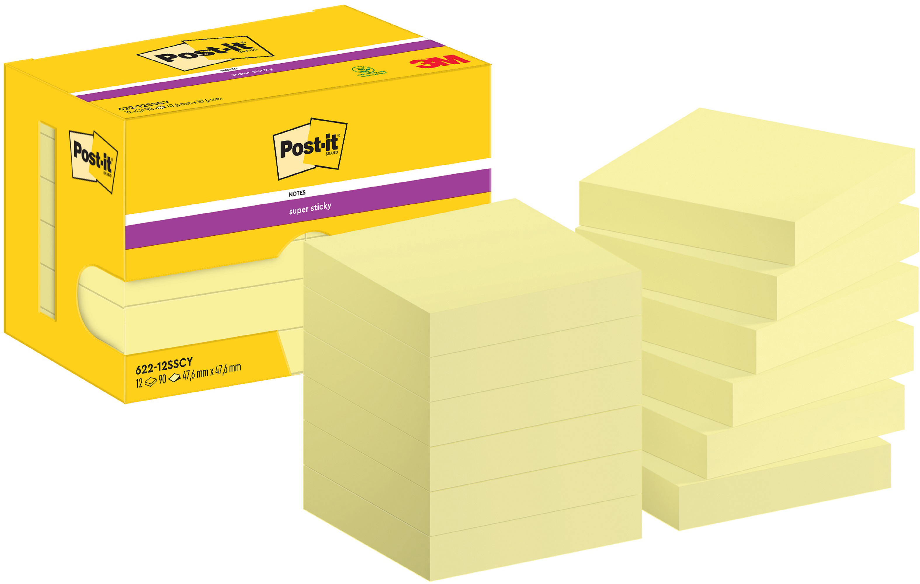 POST-IT Super Sticky Notes 47.6x47.6mm 622-12SSCY jaune 12x90 feuilles