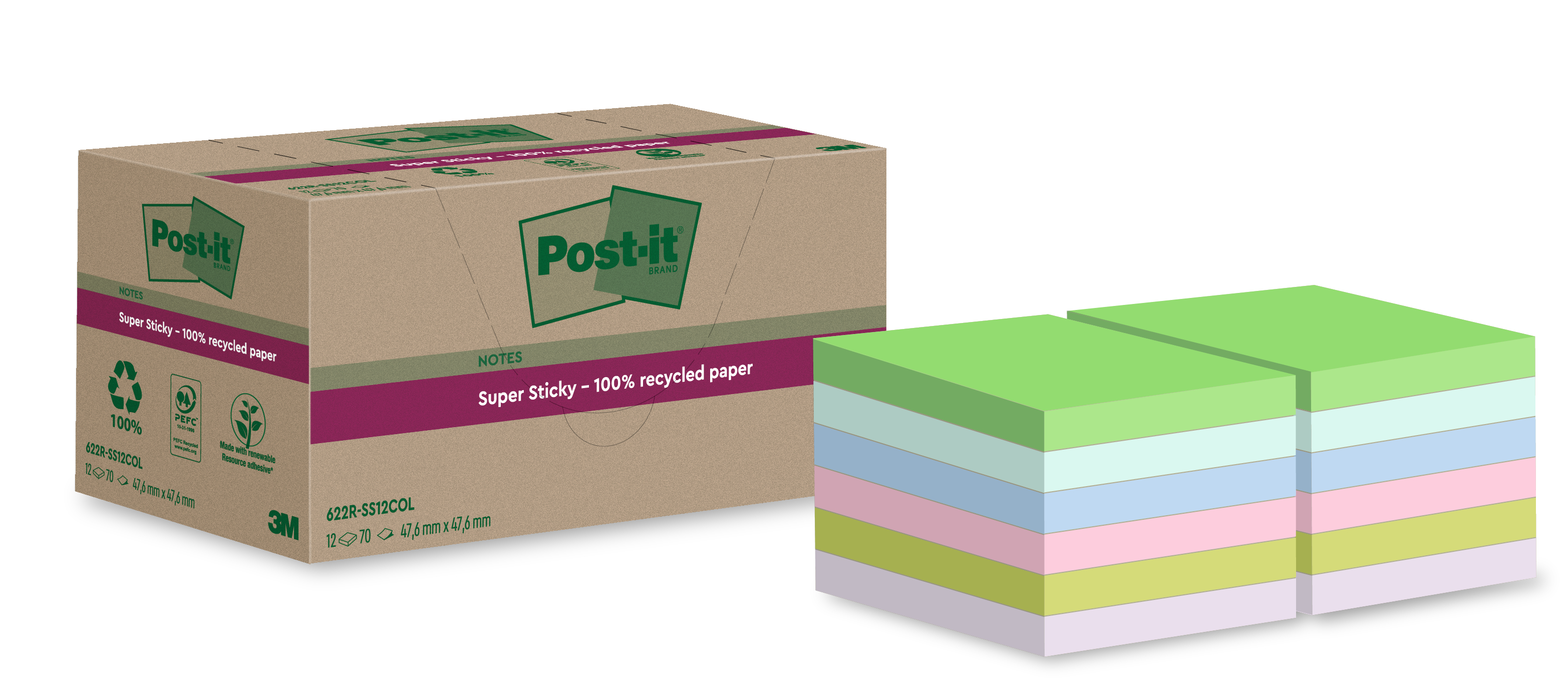 POST-IT SuperSticky Notes 47.6x47.6mm 622 RSS12COL Recycling,assort. 12x70 flls.