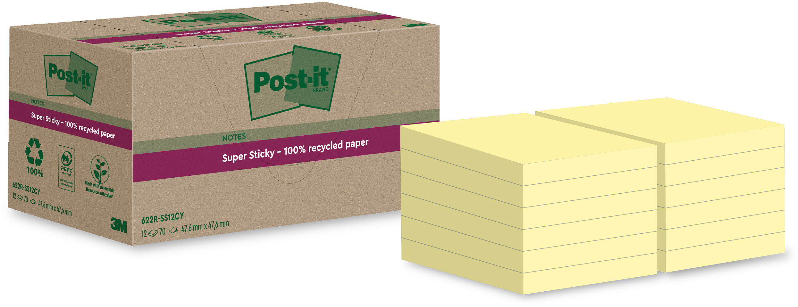 POST-IT SuperSticky Notes 47.6x47.6mm 622 RSS12CY Recycling,gelb 12x70 Blatt