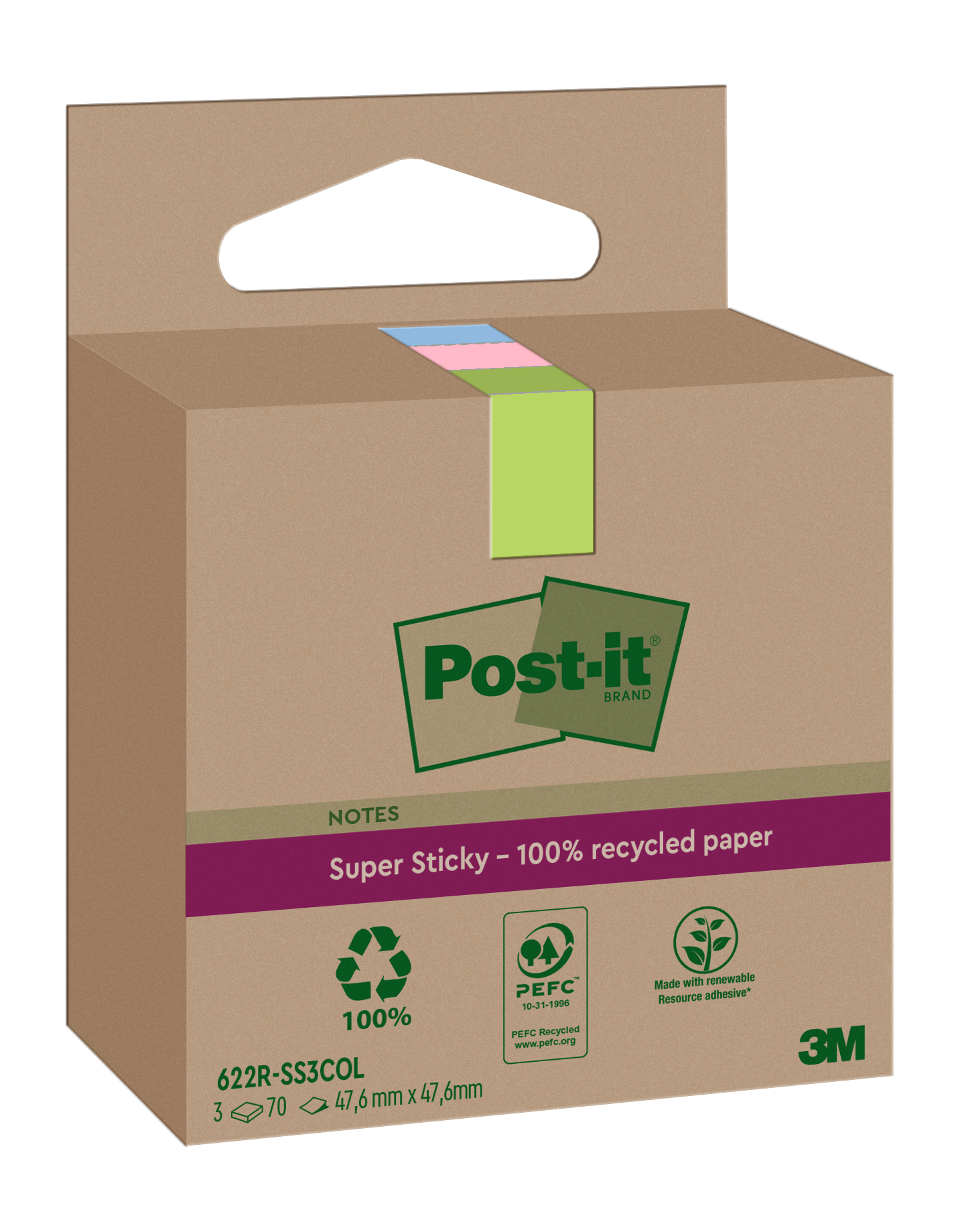 POST-IT SuperSticky Notes 47.6x47.6mm 622 RSS3COL Recycling,assort. 3x70 flls.