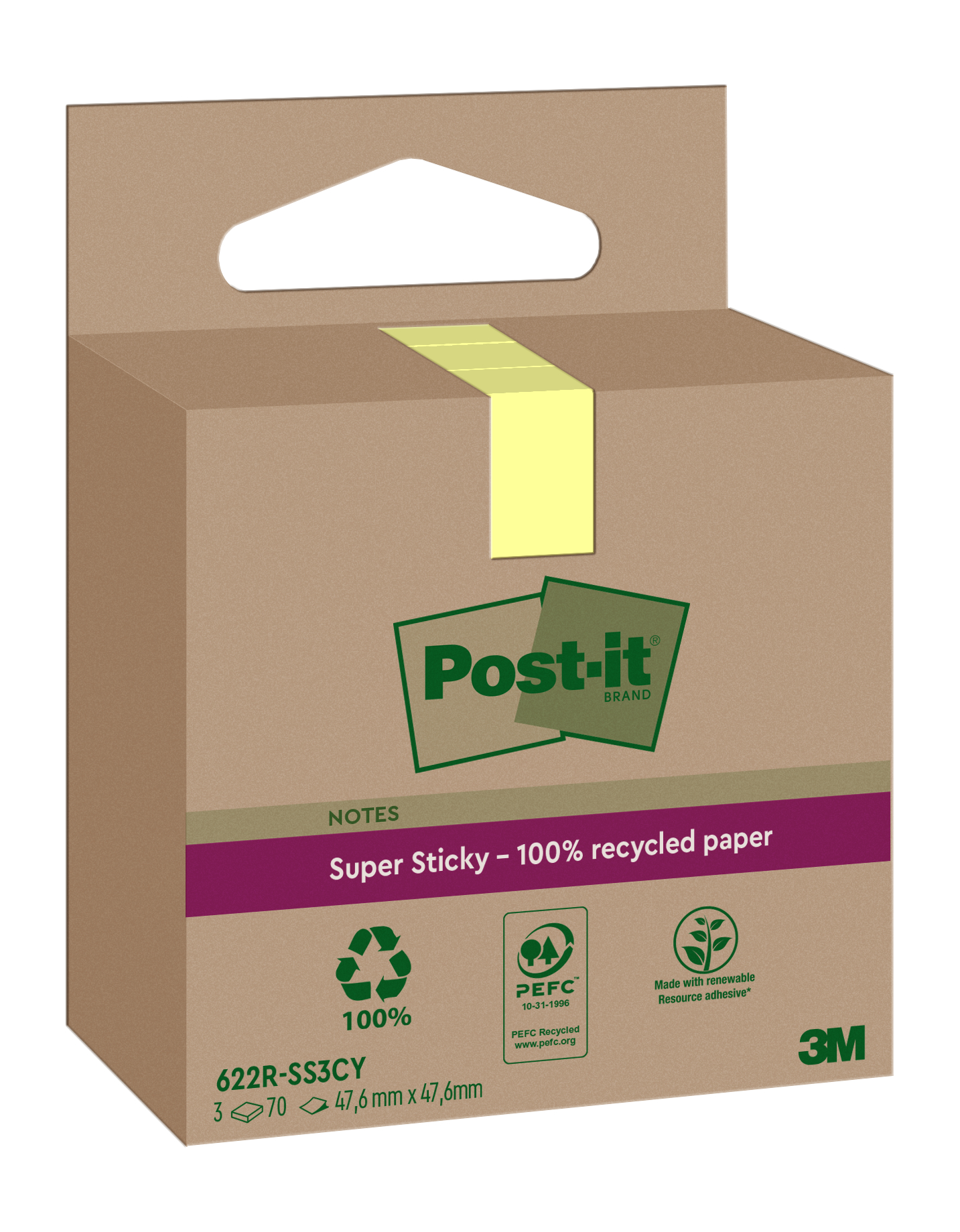 POST-IT SuperSticky Notes 47.6x47.6mm 622 RSS3CY Recycling,jaune 3x70 flls.