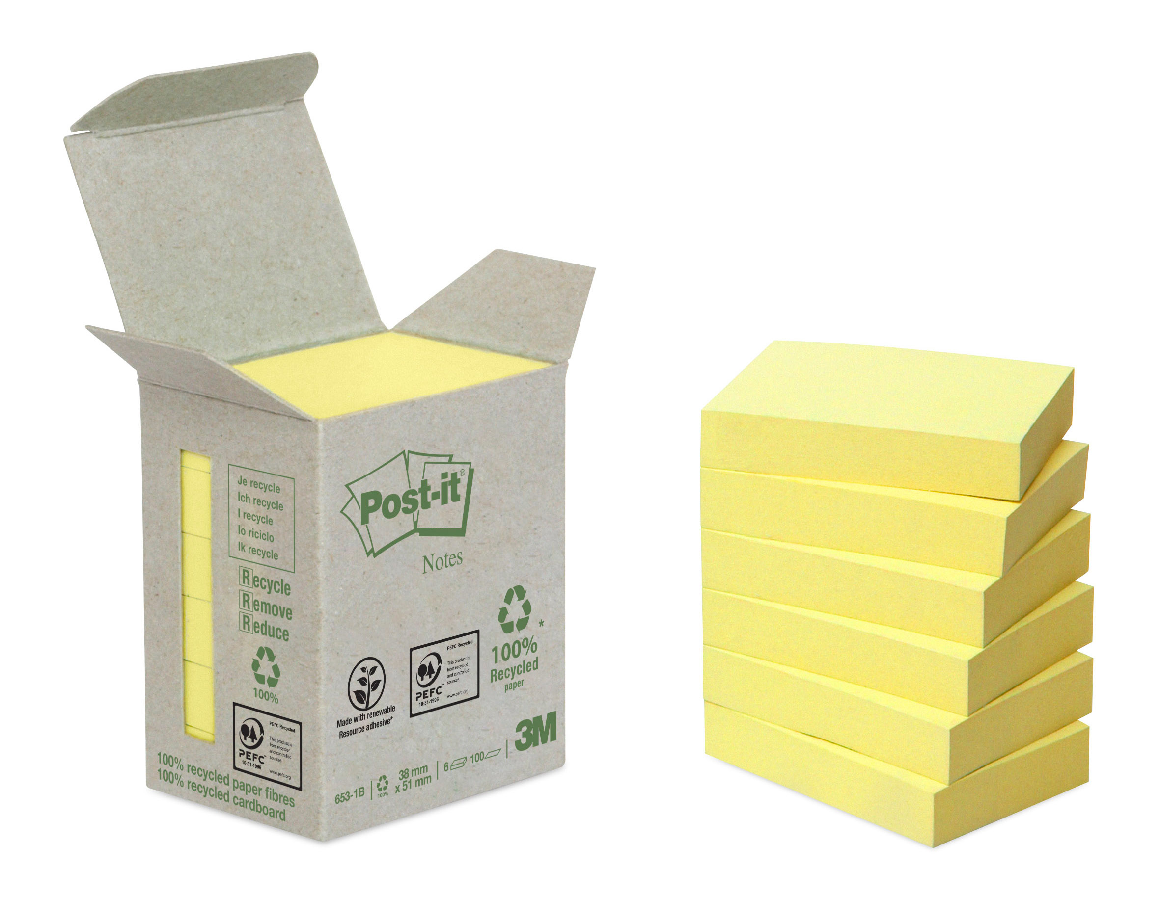 POST-IT Bloc-notes Recycling 38x51mm 653-1B jaune 6x100 feuilles