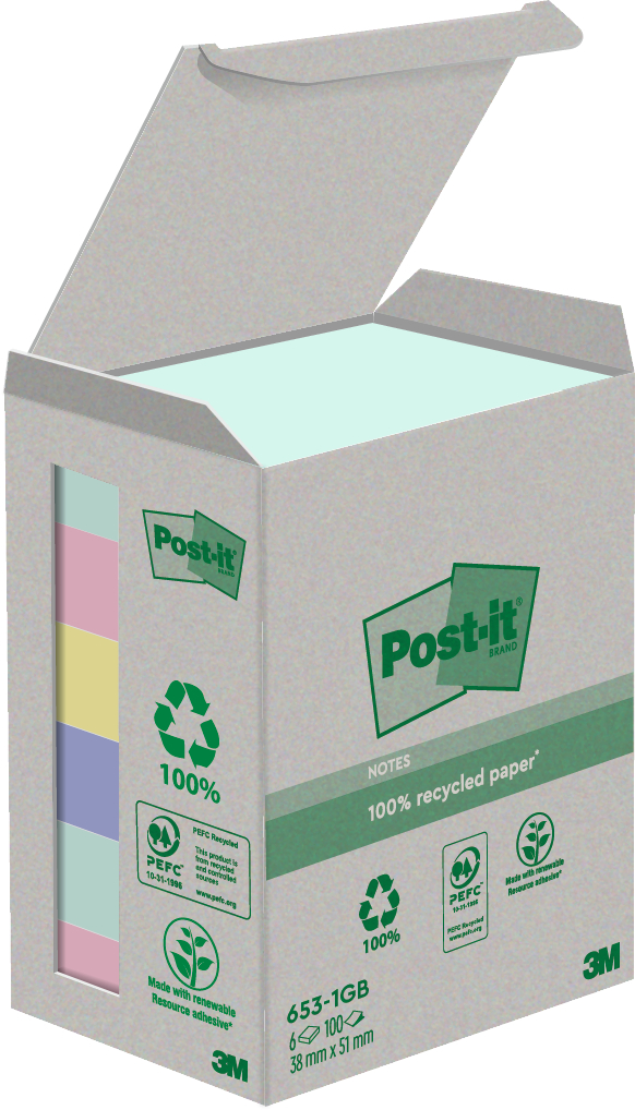 POST-IT Haftnotizen Recycling 38x51mm 653-1GB rainbow 6x100 Blatt