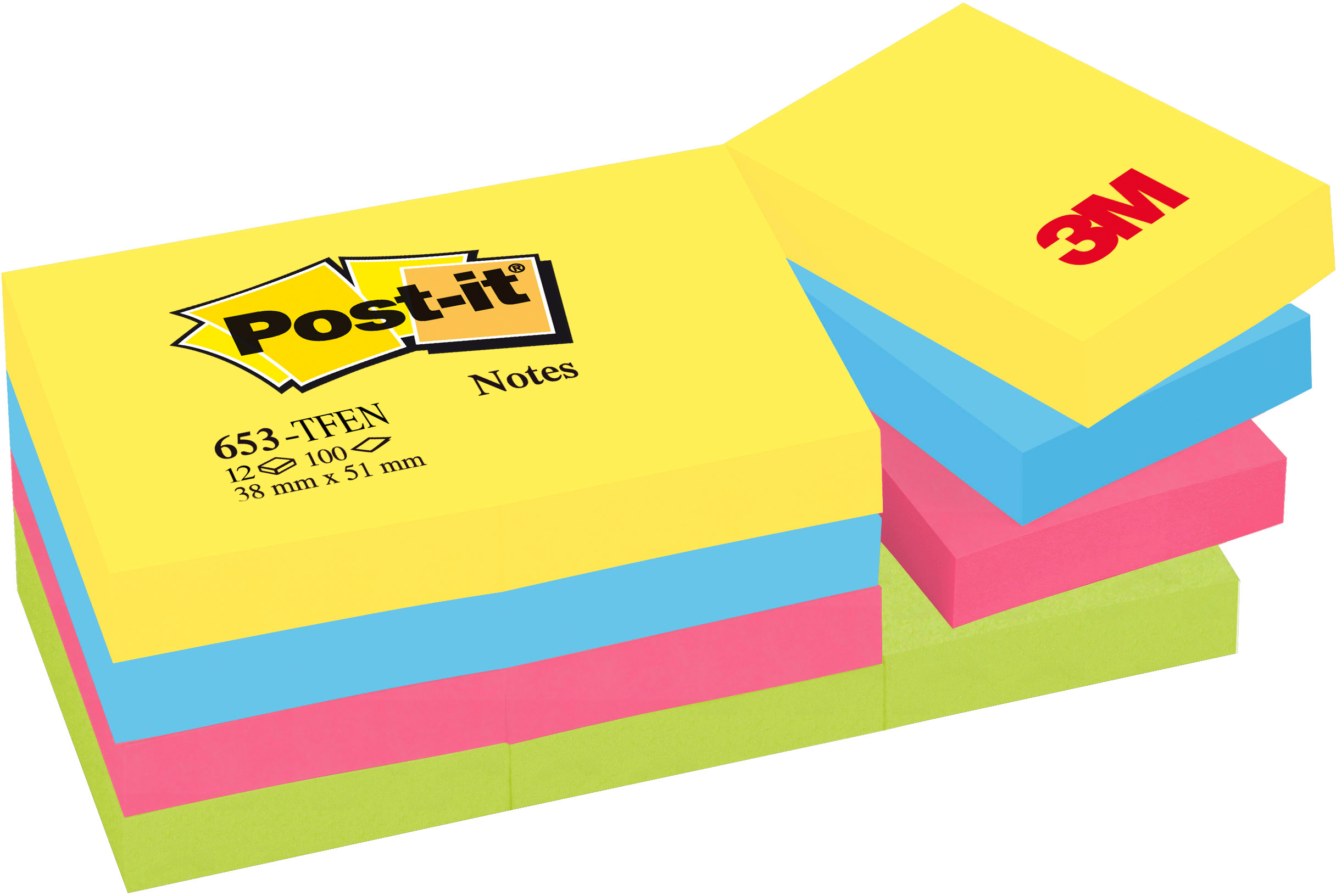 POST-IT Haftnotizen Energy 38x51mm 100Blatt ultra gelb,blau,pink, neon grün<br>