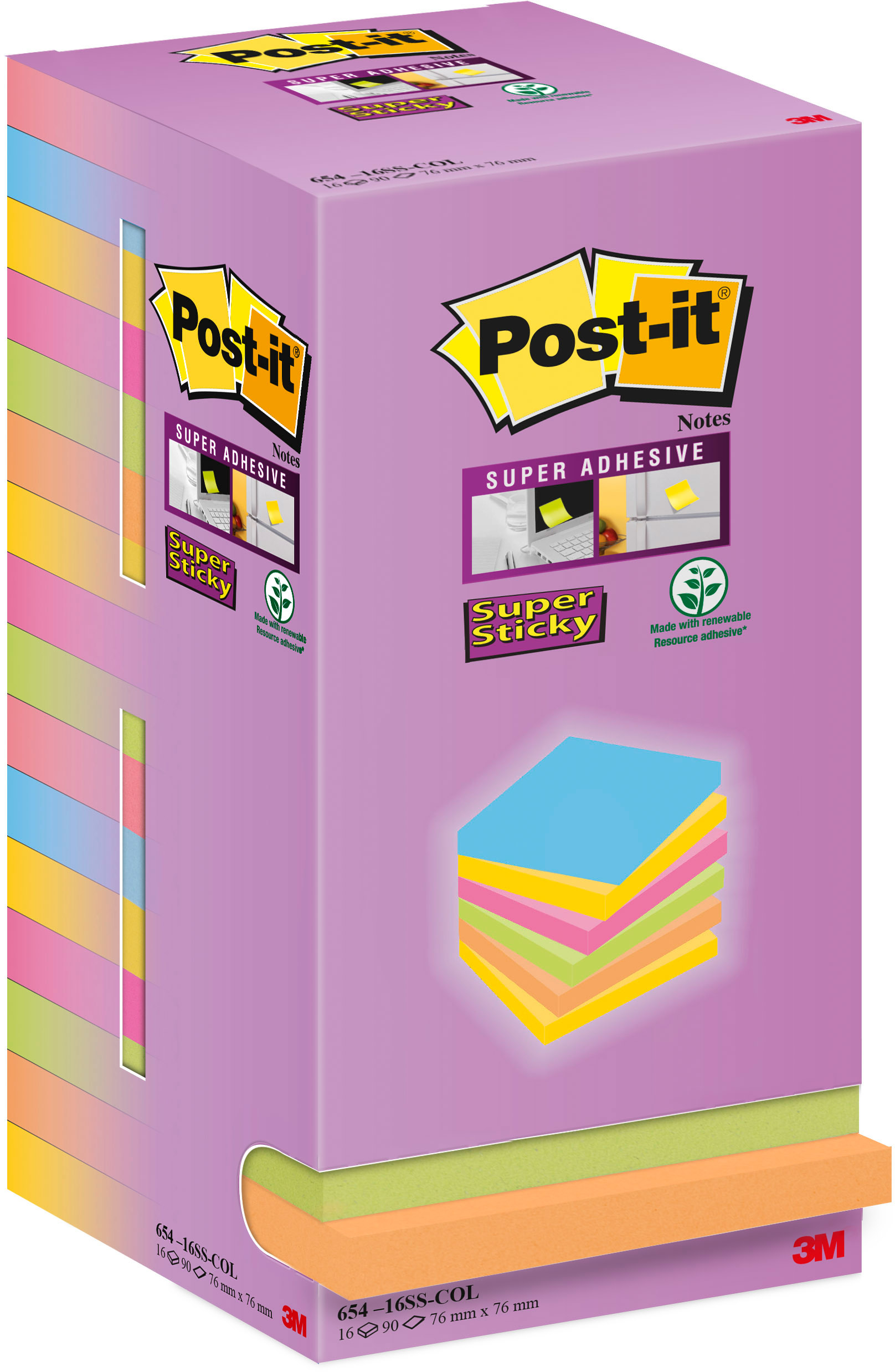 POST-IT Super Sticky Tower 76x76mm 654-16SS-COL coloré 16x90 feuilles