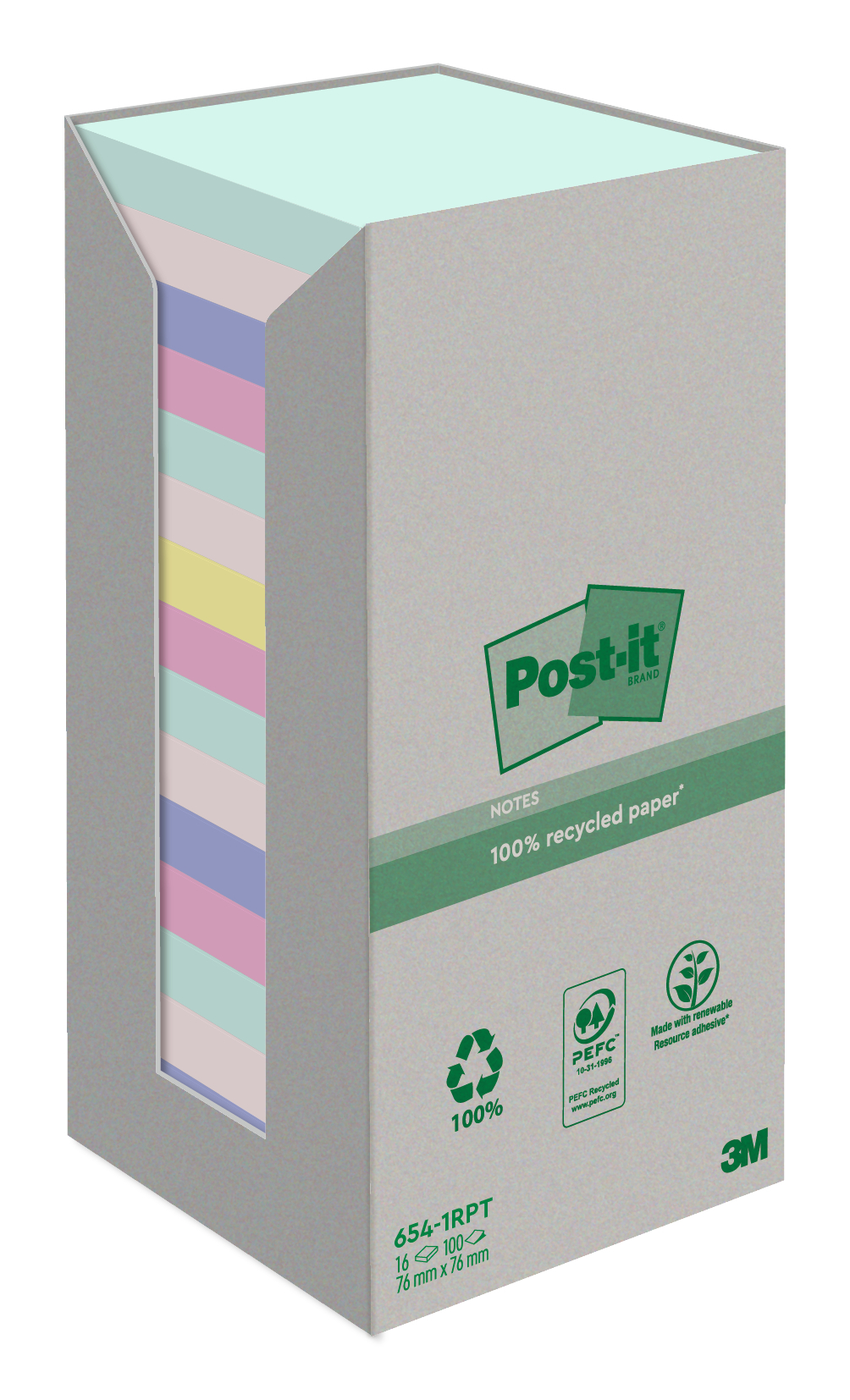 POST-IT Bloc-notes recycl. 76x76mm 654-1RPT 5-couleurs, 16x100 flls.