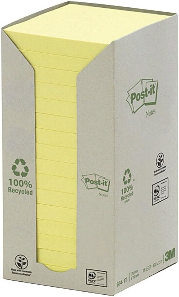 POST-IT Bloc-notes recycl. 76x76mm 654-1T jaune, 16x100 flls.