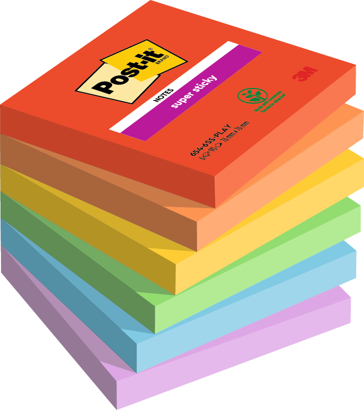 POST-IT Super Sticky Playful 76x76mm 654-6SS-PLAY 6-couleur/6x90 feuilles
