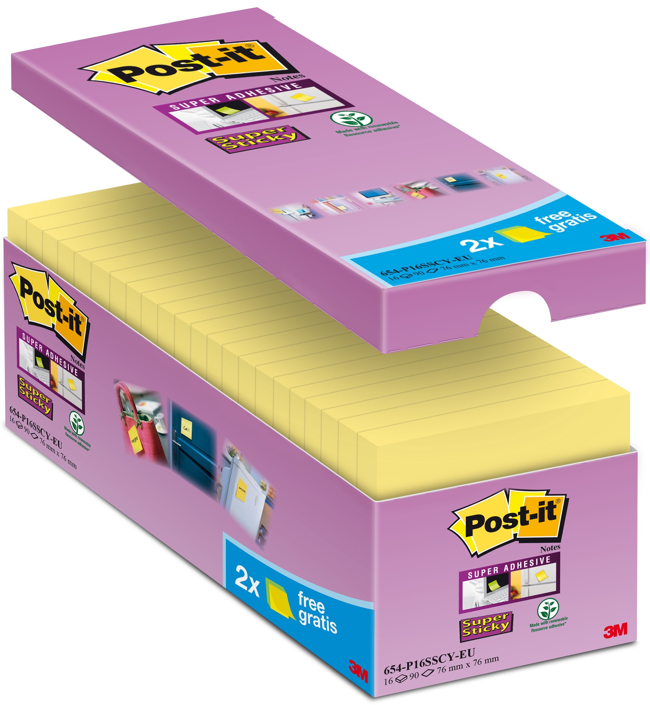 POST-IT Super Sticky Notes 654-P16SSCY-EU 76x76mm jaune 16x90f. 76x76mm jaune 16x90f.